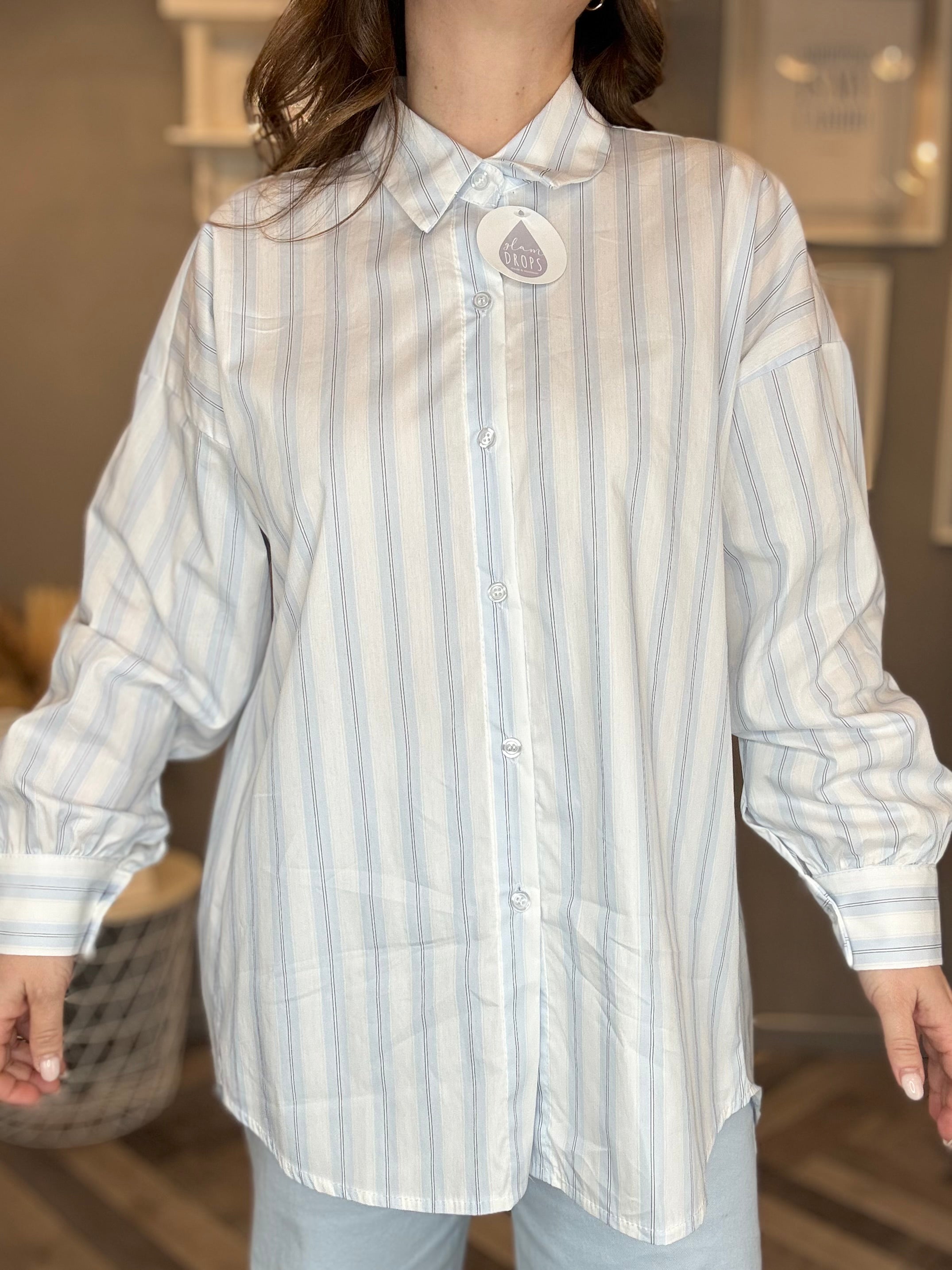 Camicia over righe soft celeste pastello
