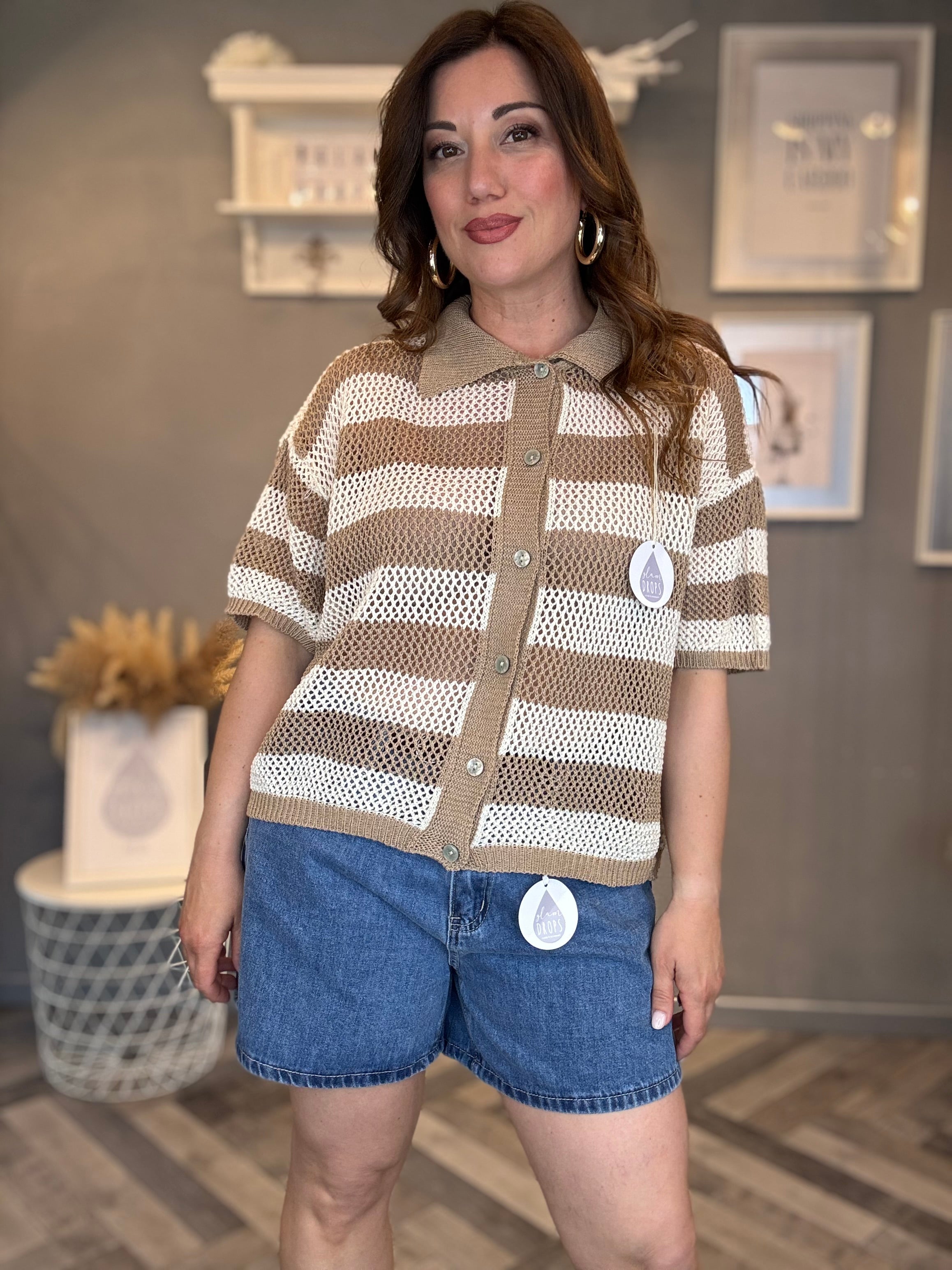 Polo traforata righe beige