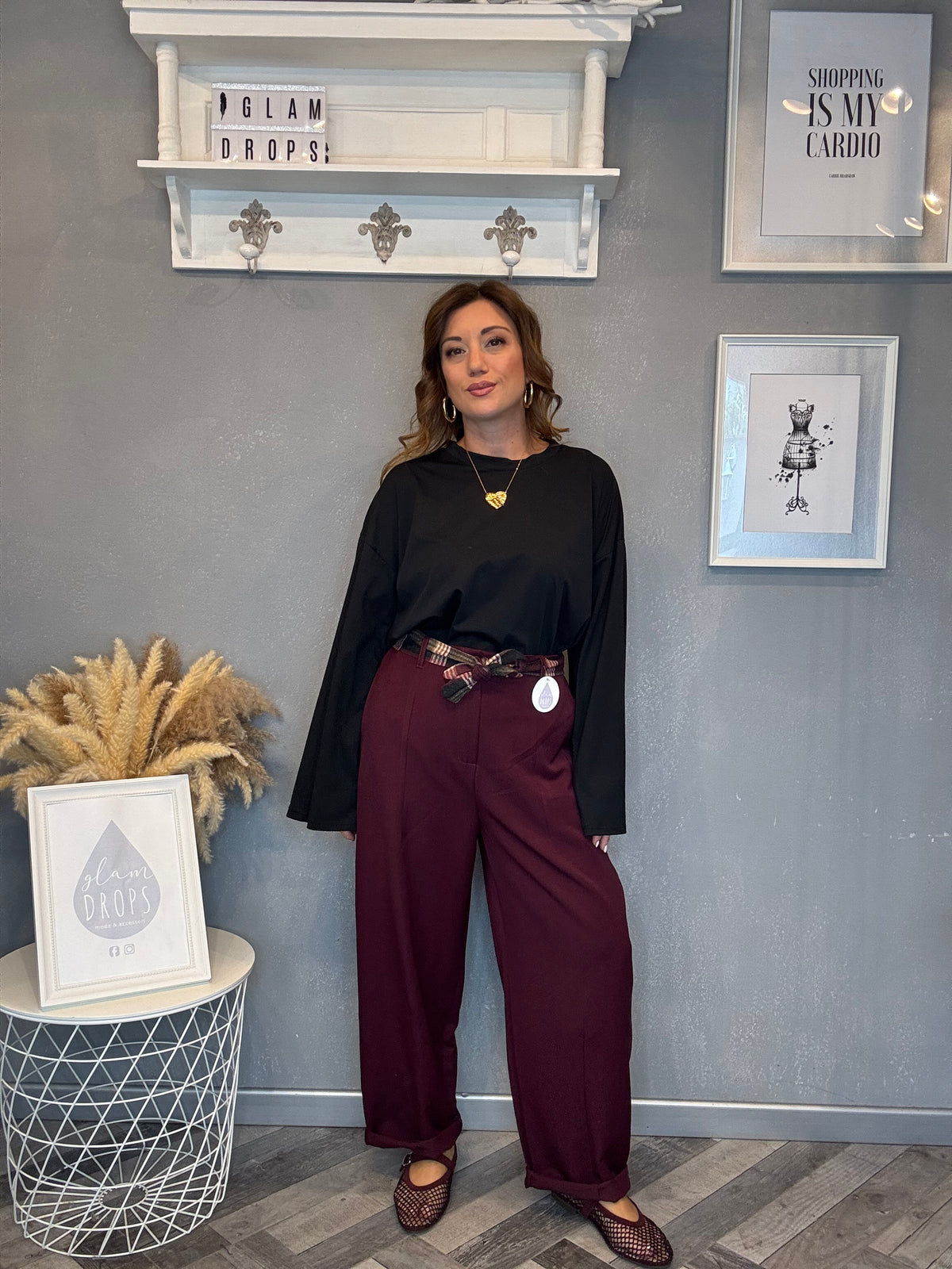 Pantalone check detail bordeaux