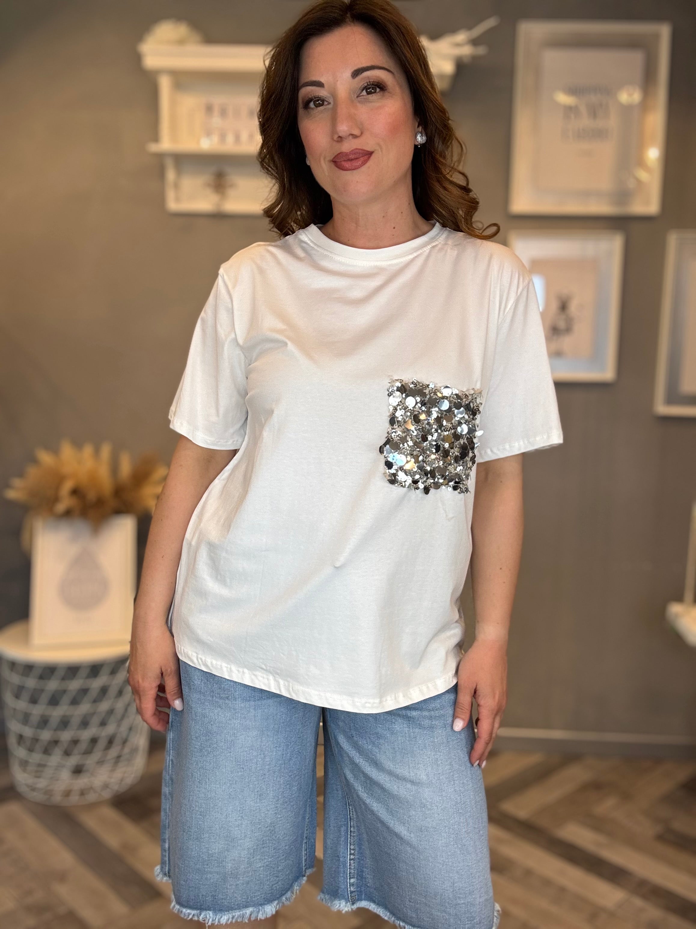 T-shirt tasca paillettes argento