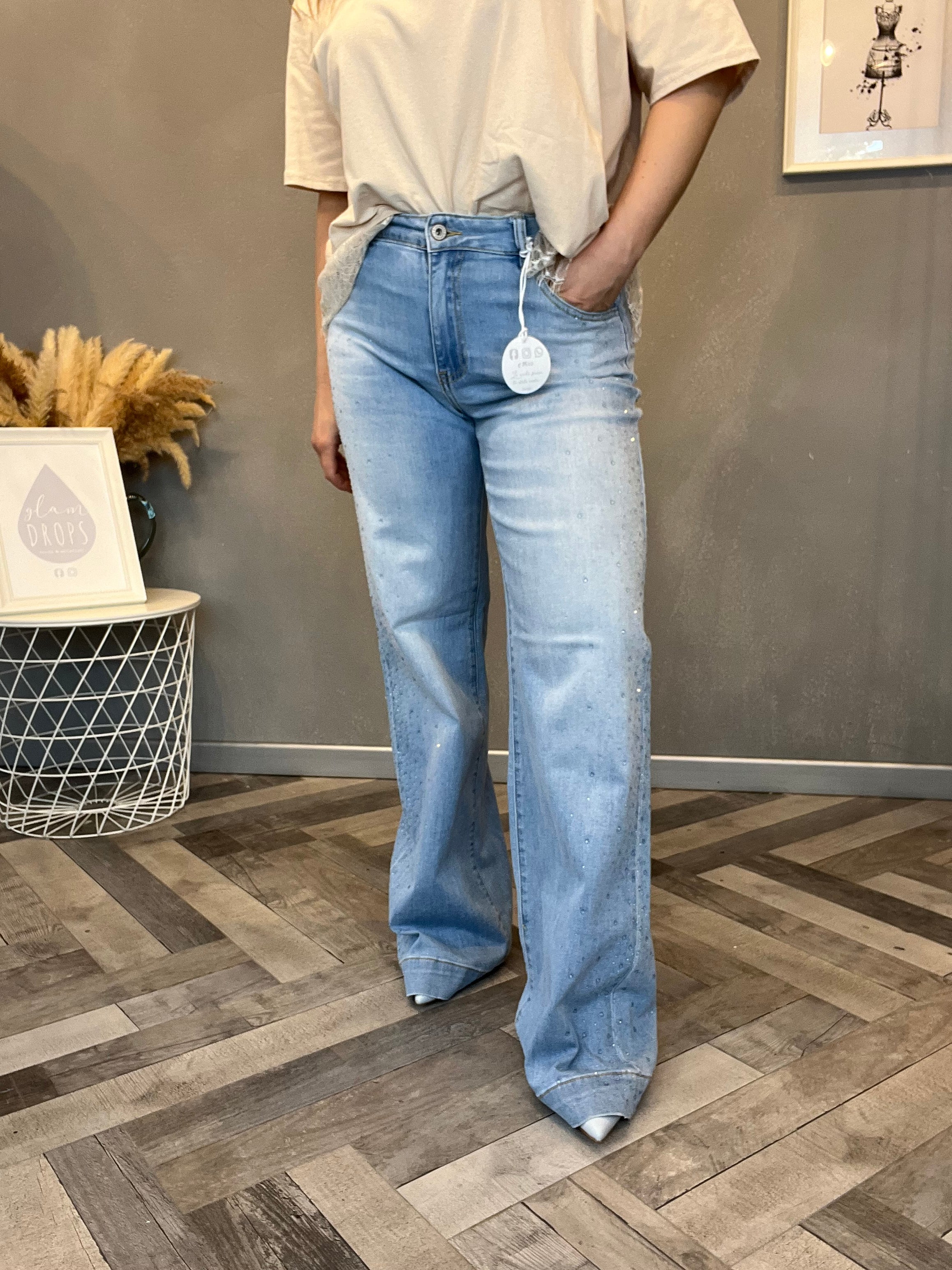 Jeans strass celeste