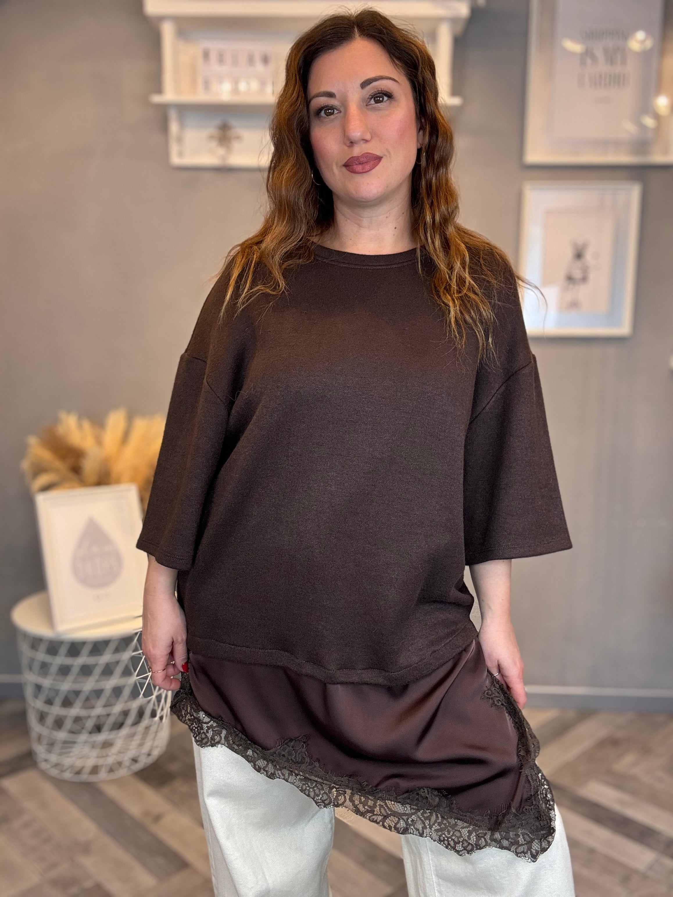 Maxi Maglia con satin e pizzo cioccolato