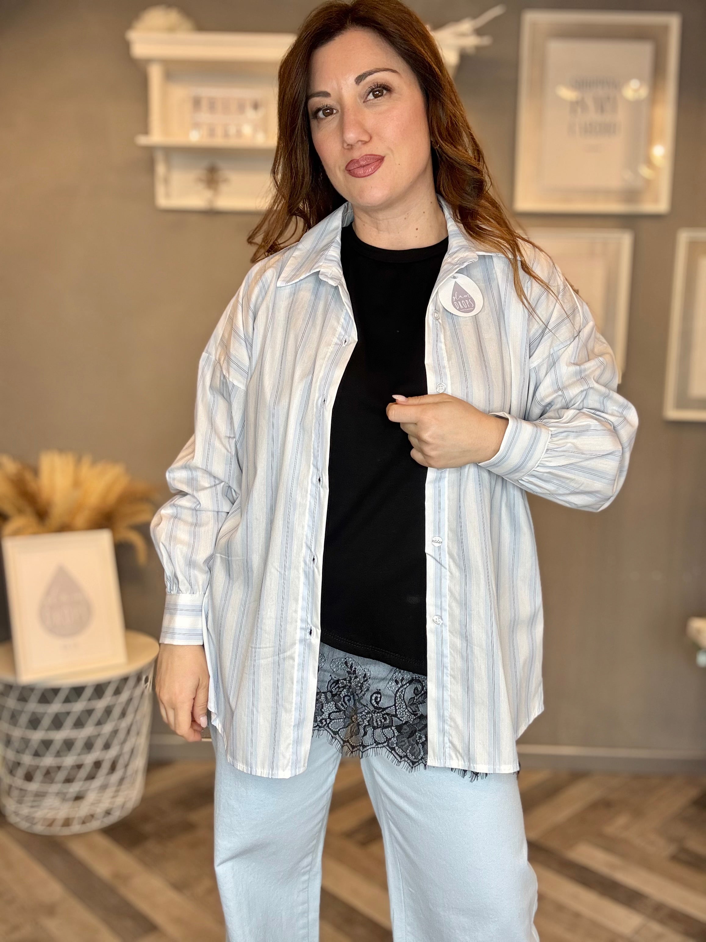 Camicia over righe soft celeste pastello