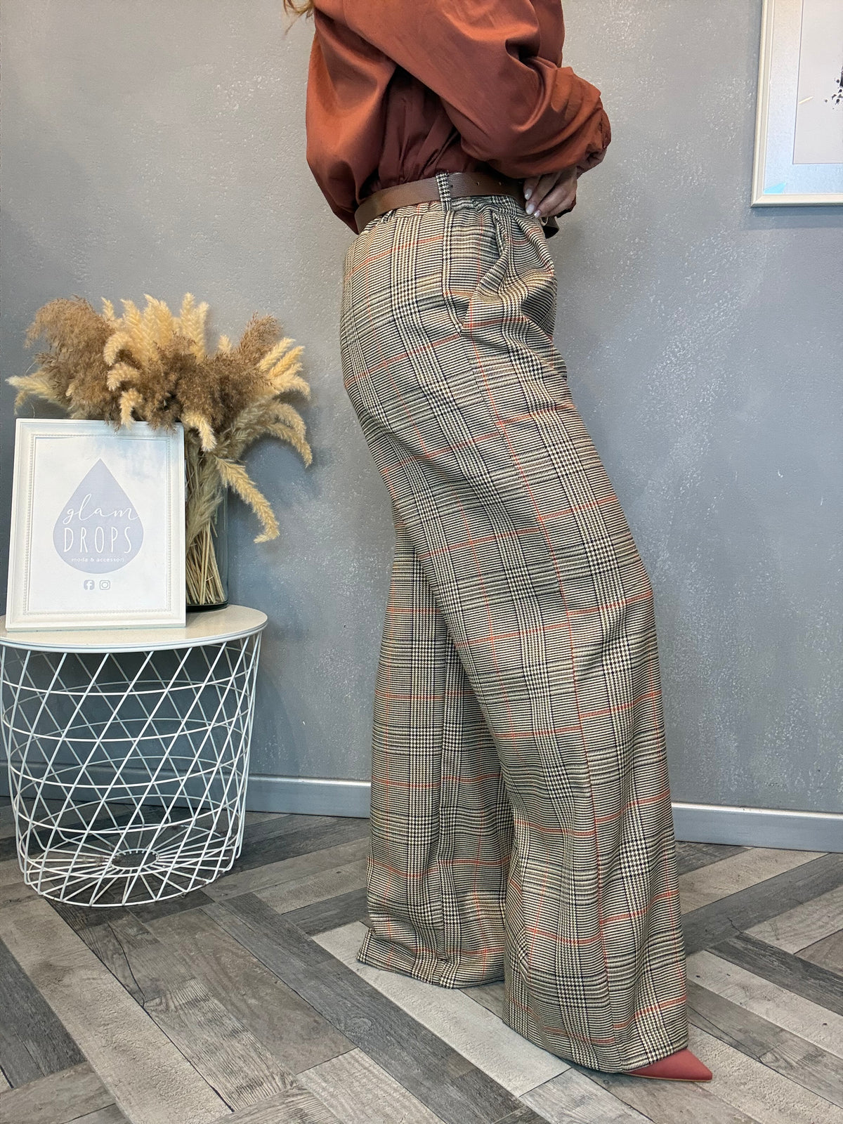 Pantalone palazzo check principe di Galles ruggine