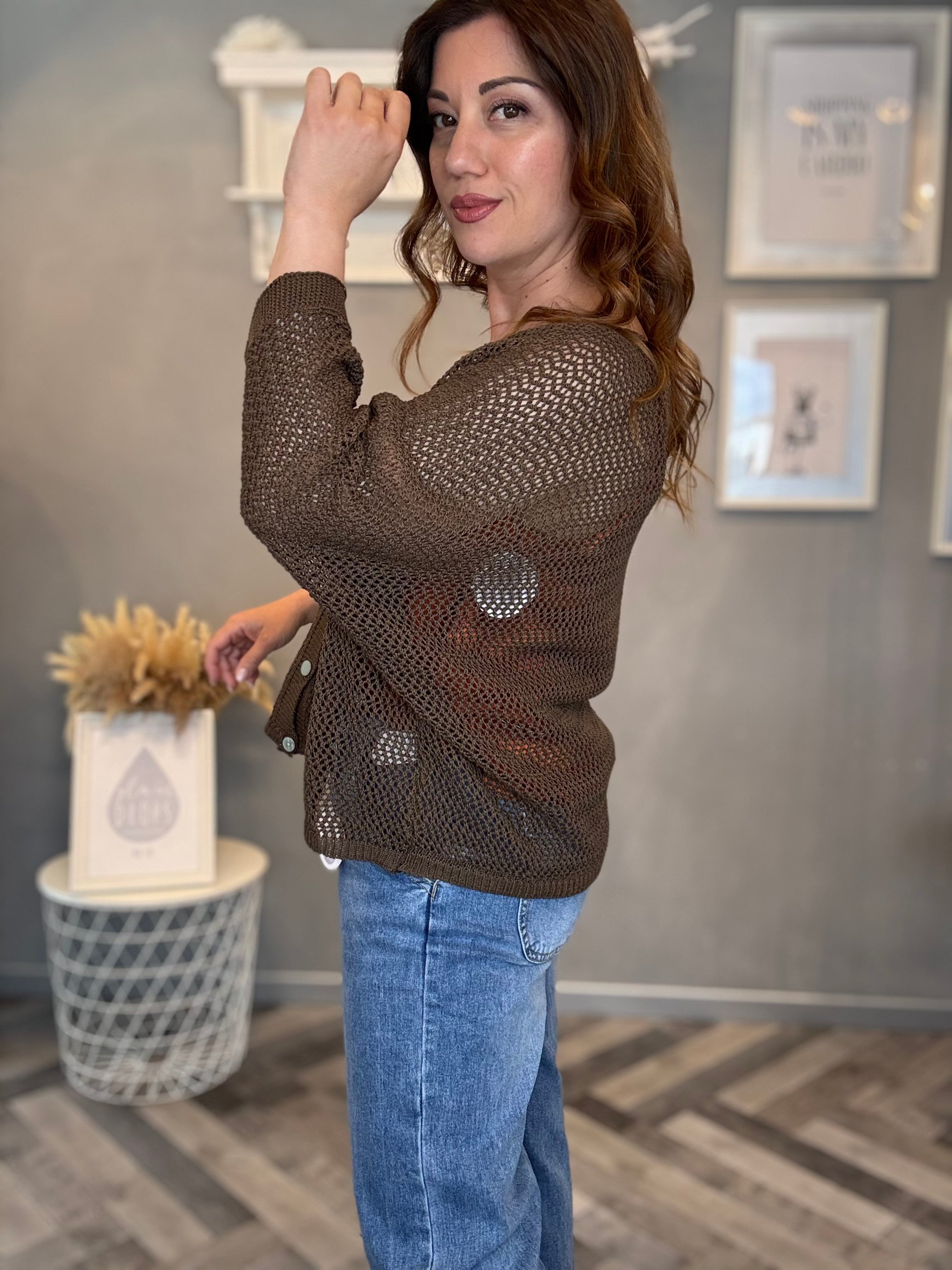 Cardigan traforato in cotone cioccolato