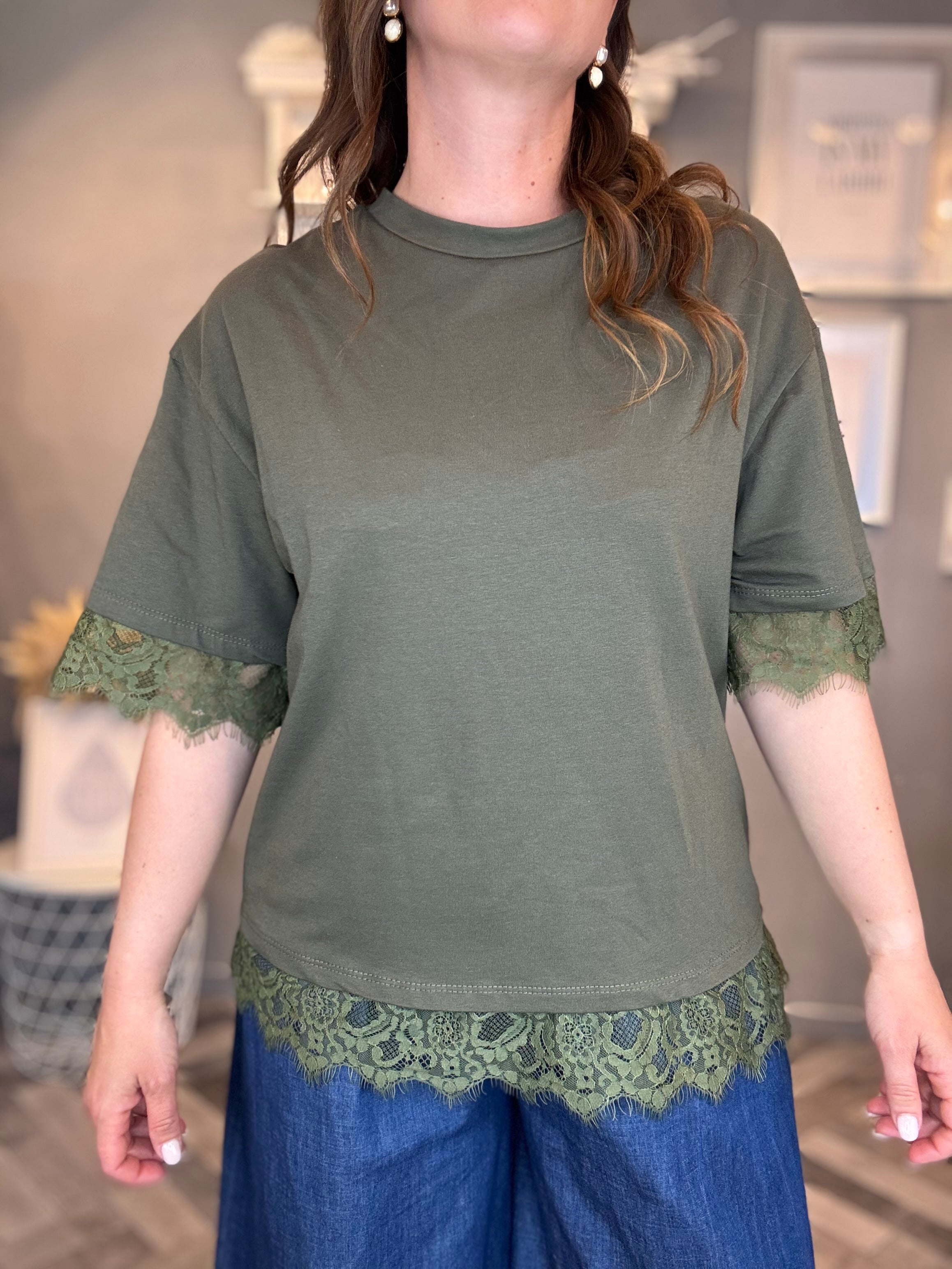 T-shirt verde militare pizzo all over