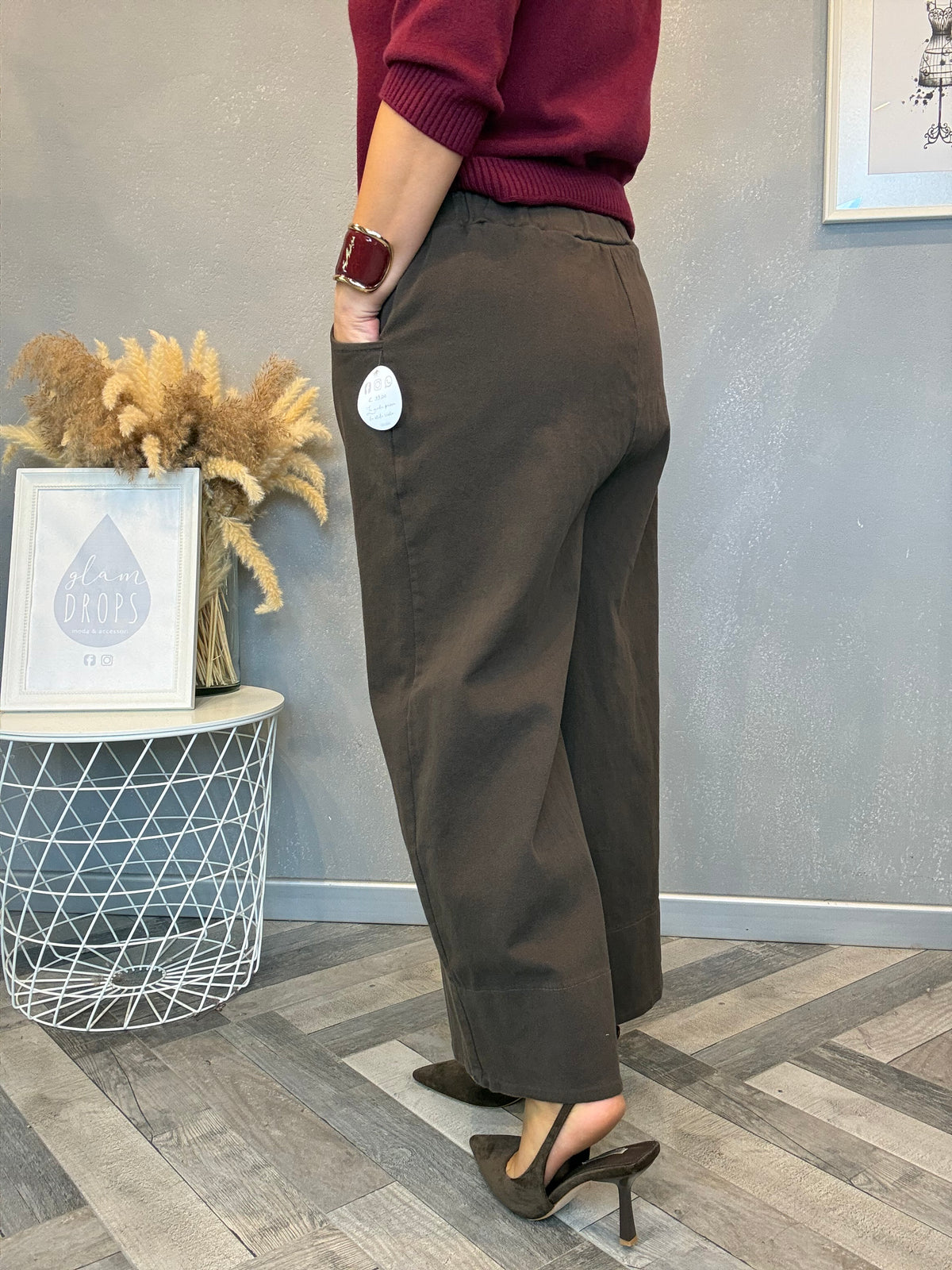 Pantalone wide leg crop cotton moro