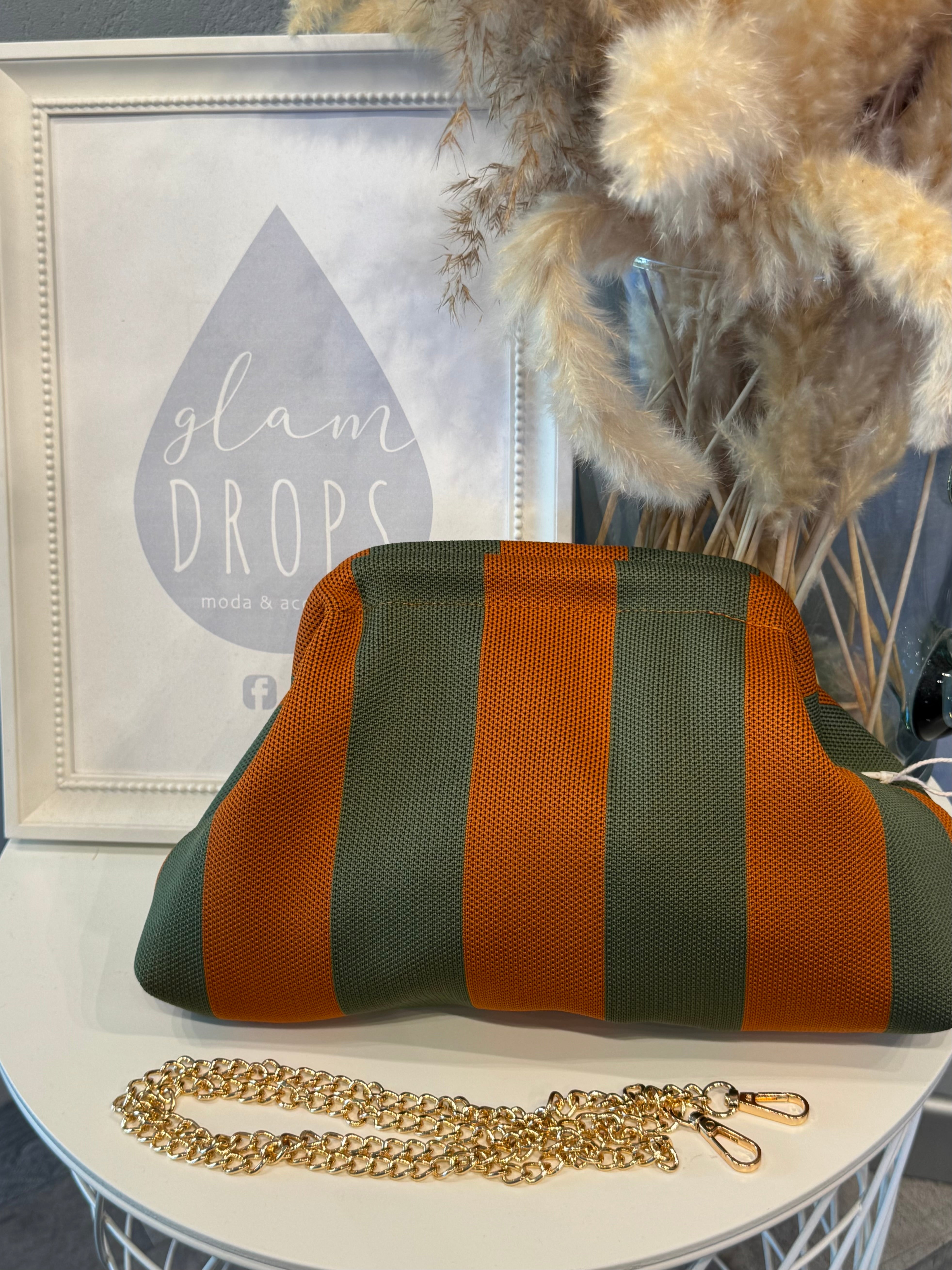 Borsa Stripe cuoio e verde militare