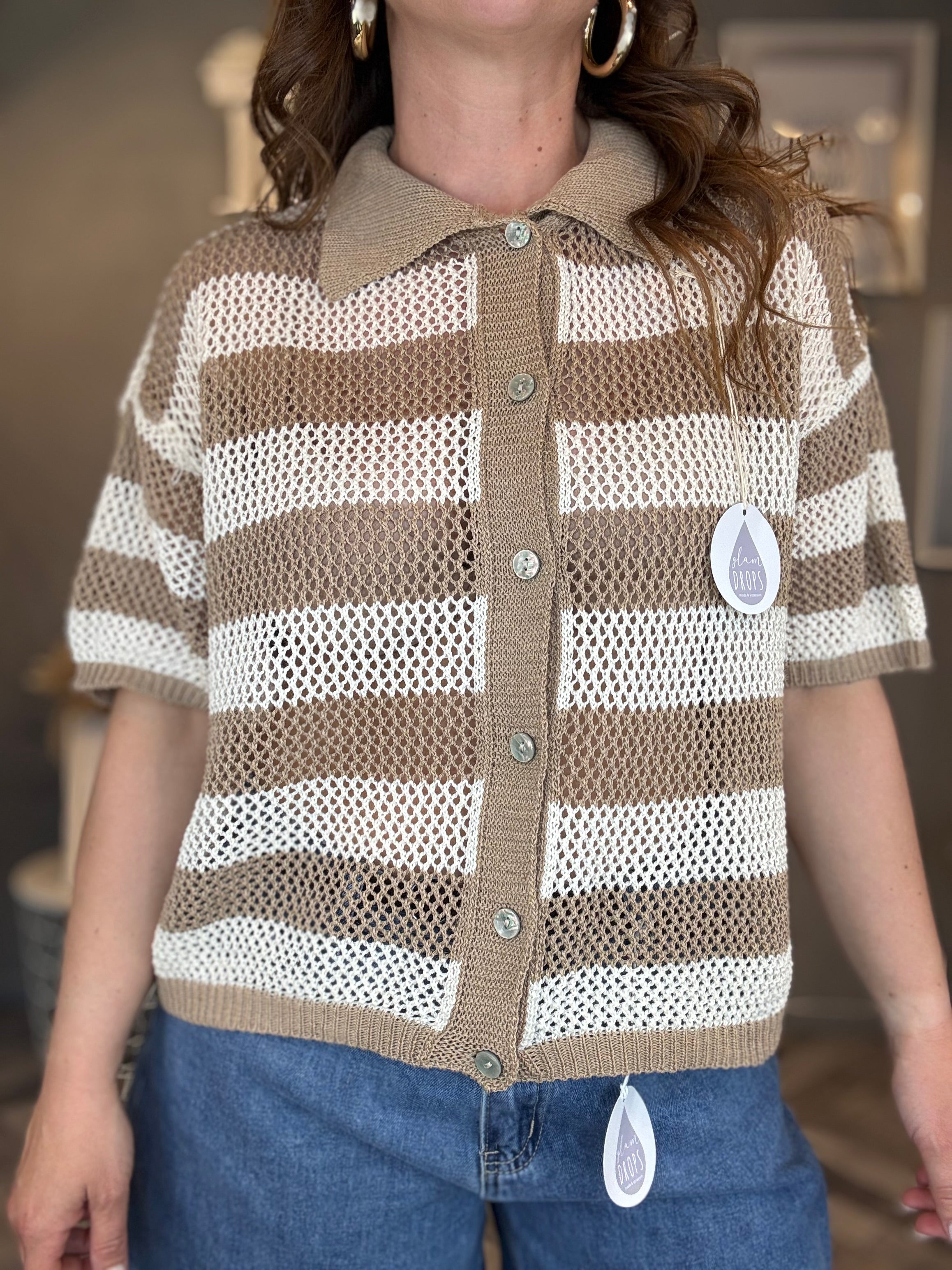 Polo traforata righe beige
