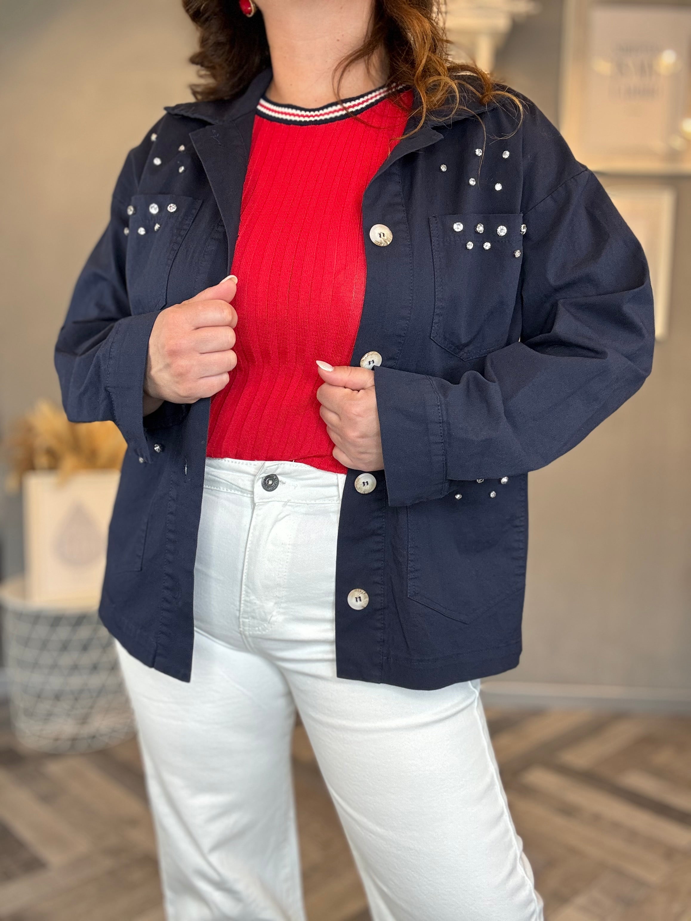 Giacca utility blu con dettagli gioiello