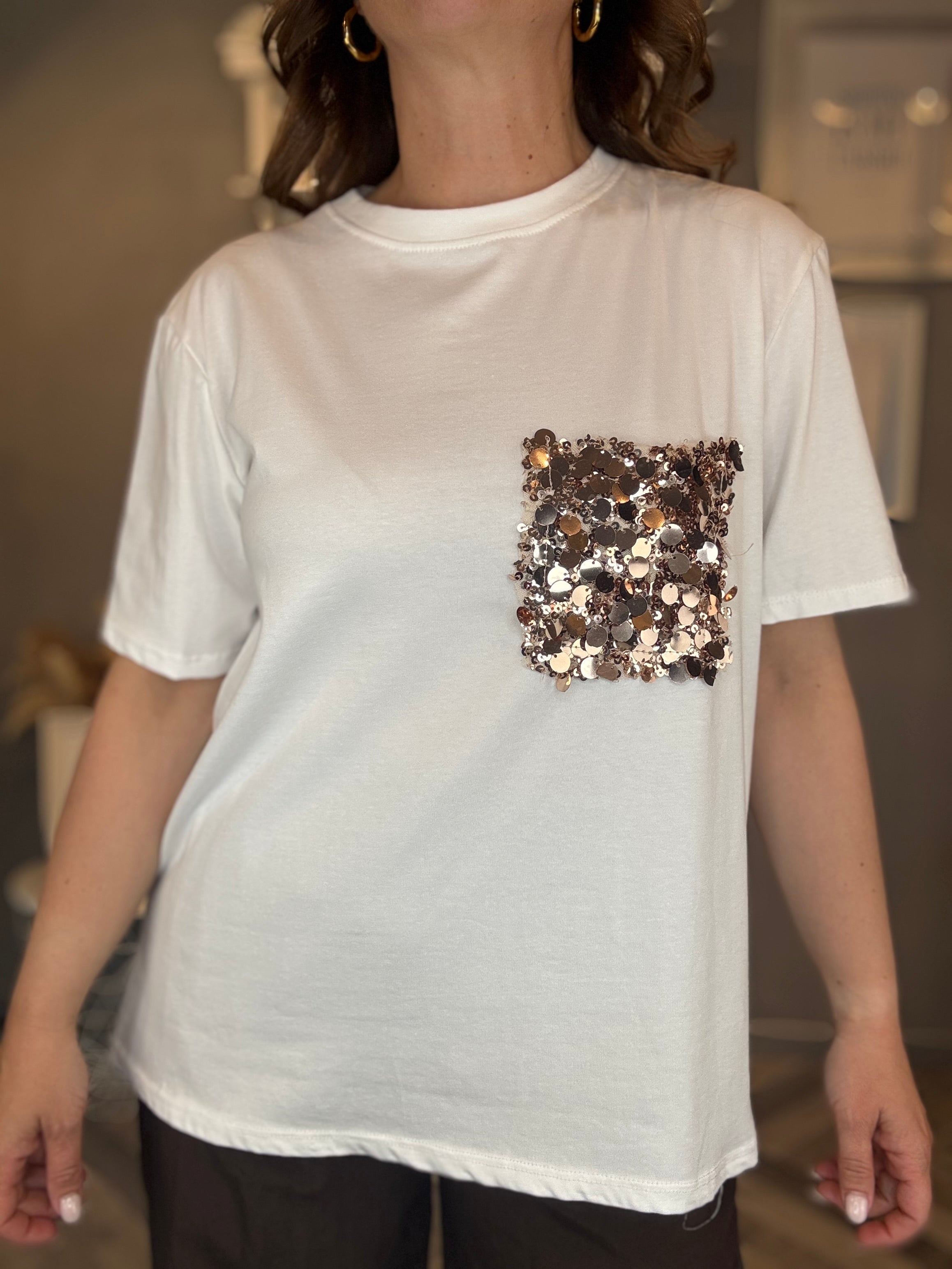 T-shirt tasca paillettes oro rosa