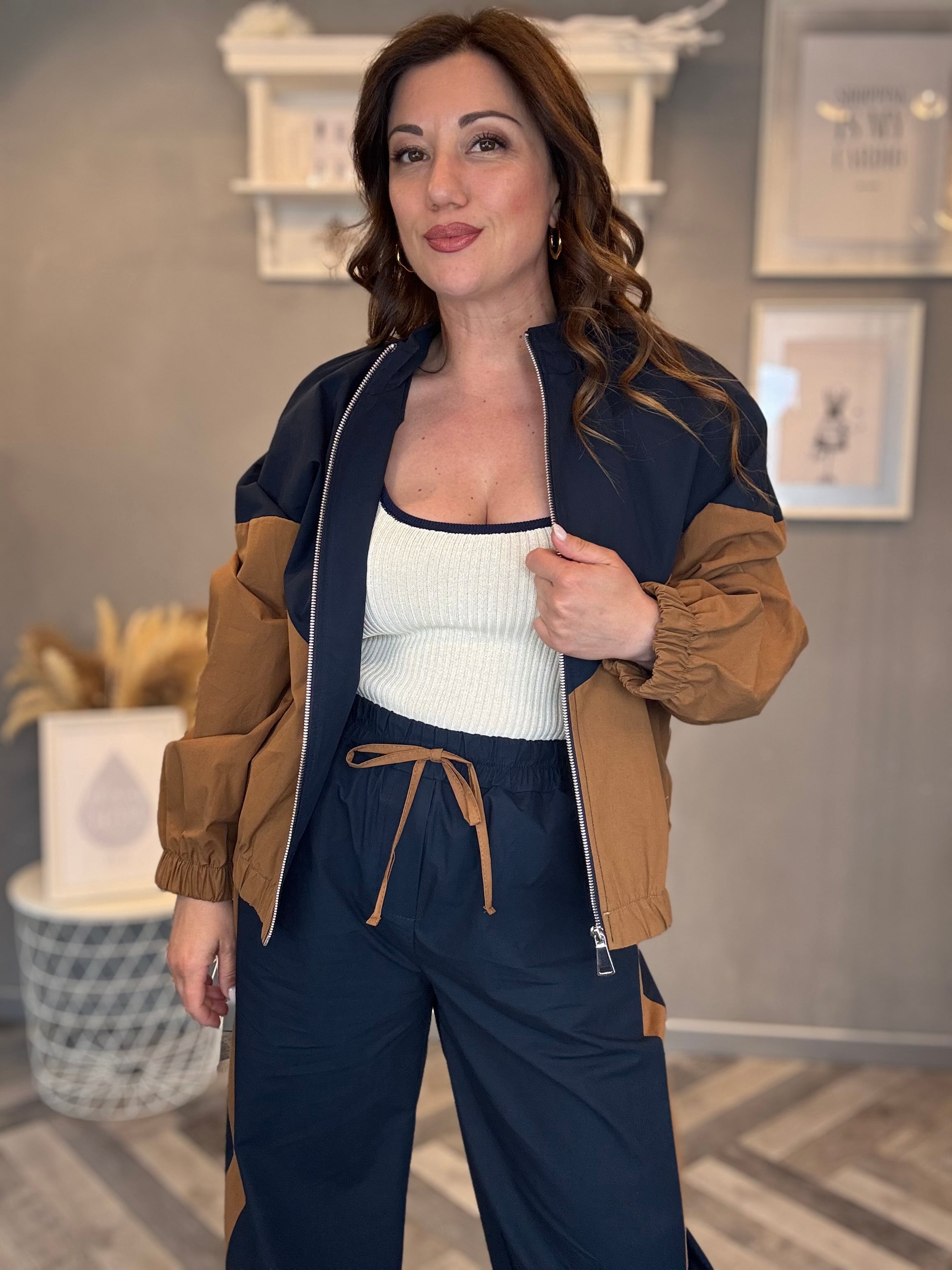 Pantalone Bicolore blu e camel