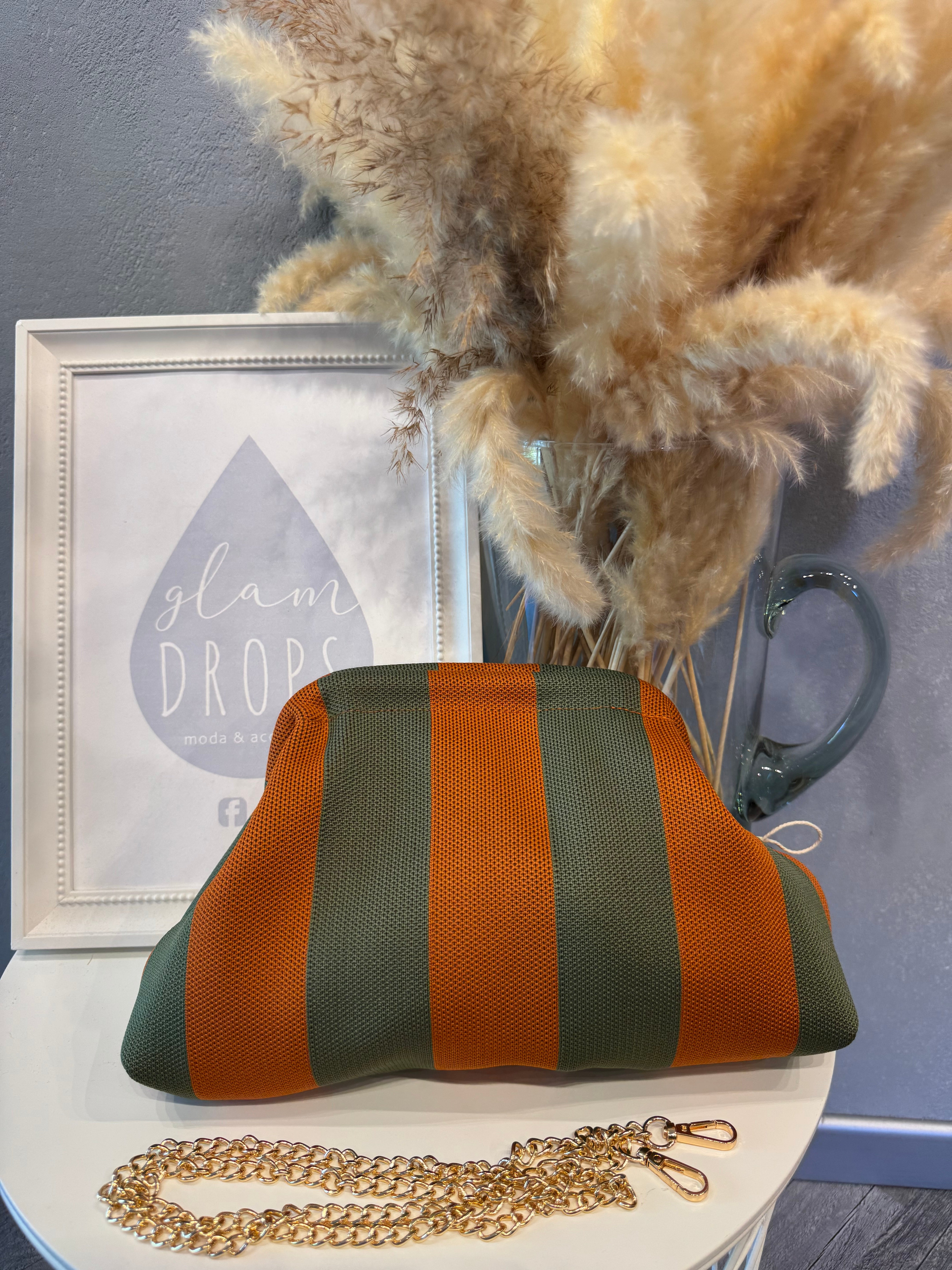 Borsa Stripe cuoio e verde militare