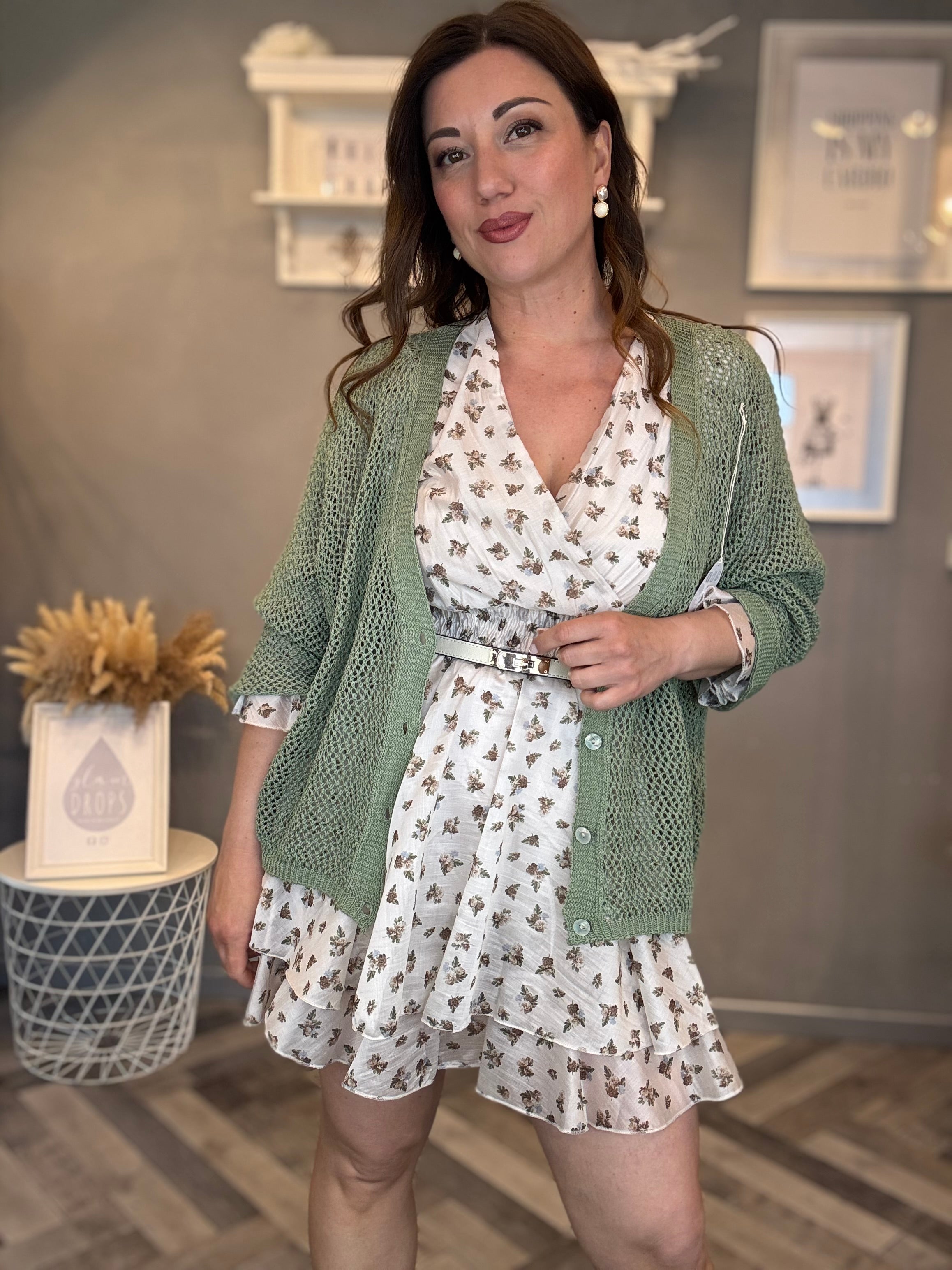 Cardigan traforato in cotone verde salvia