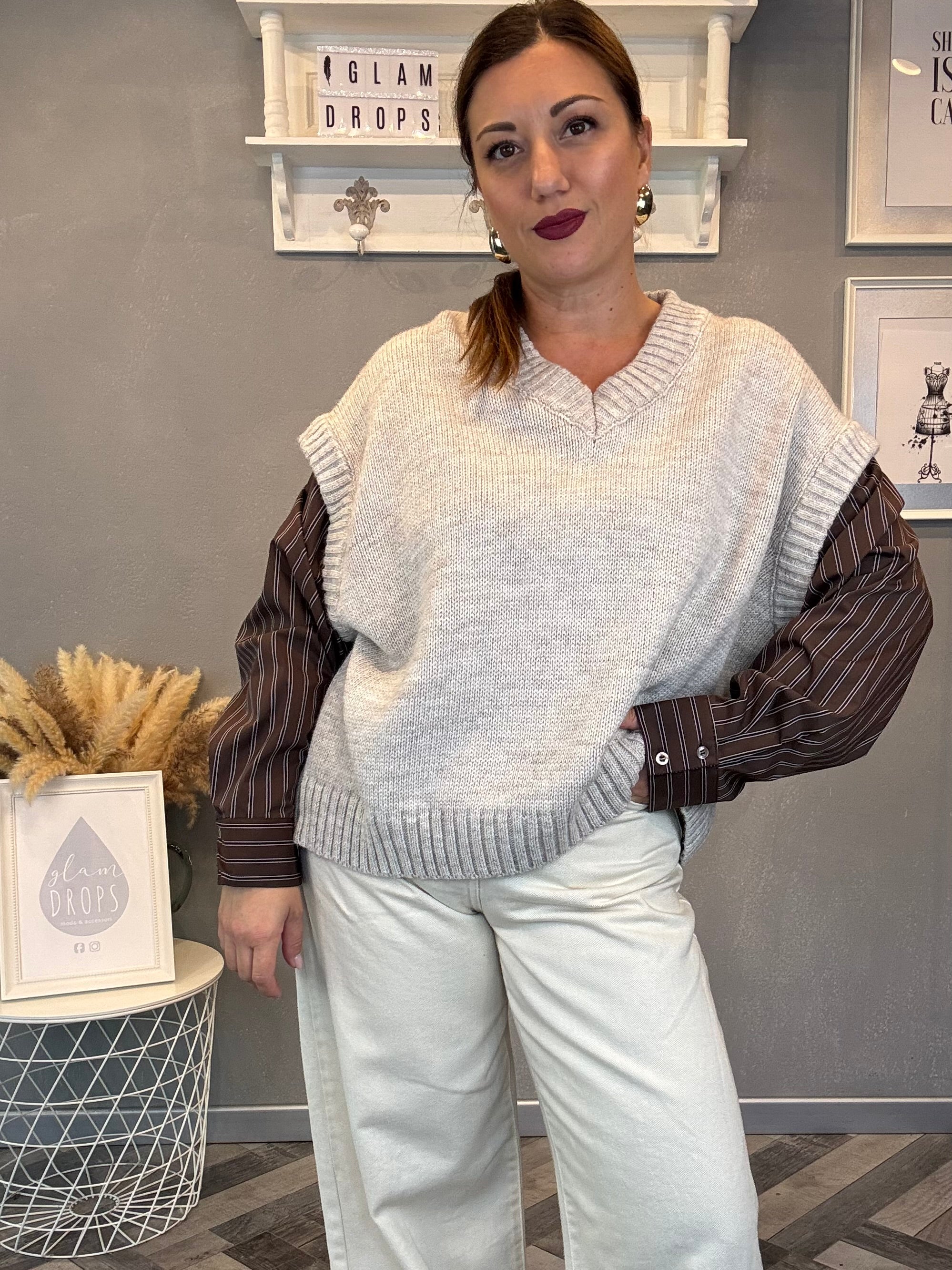 Lumina gilet in maglia cacha maniche camicia cioccolato