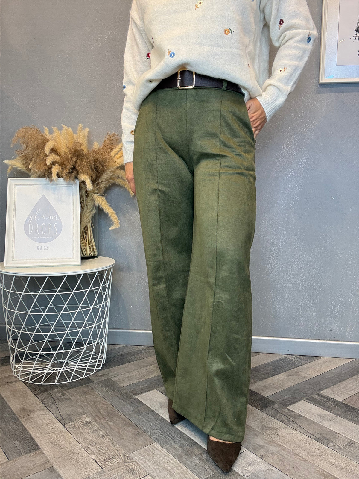 Pantalone Icon ecosuede verde militare con cintura