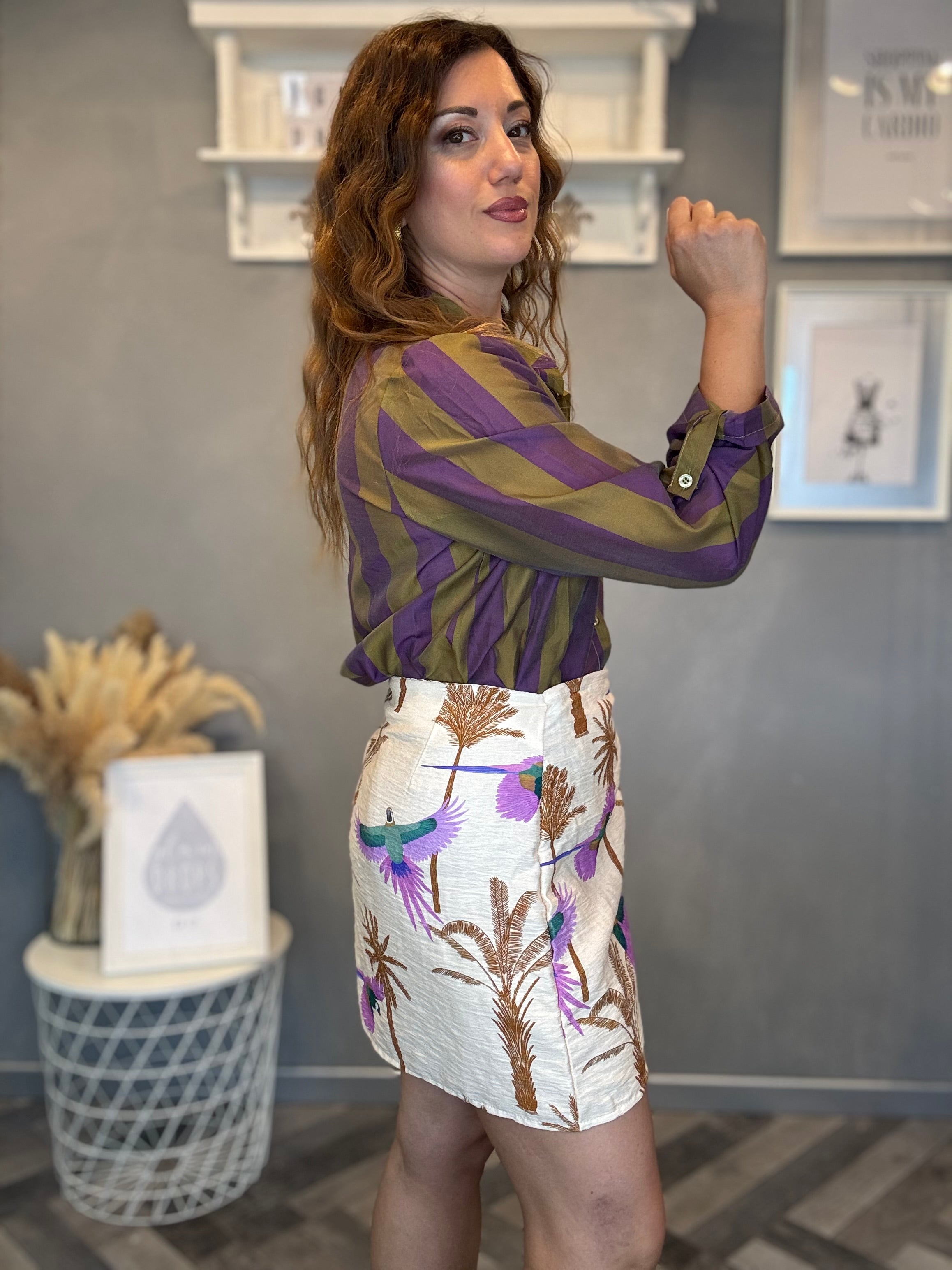 Camicia Isla Bonita bande roll-up viola e oliva