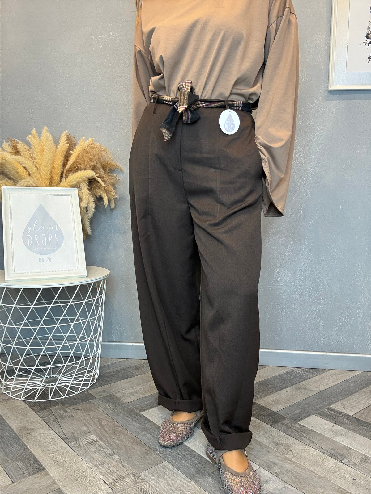 Pantalone check detail cioccolato