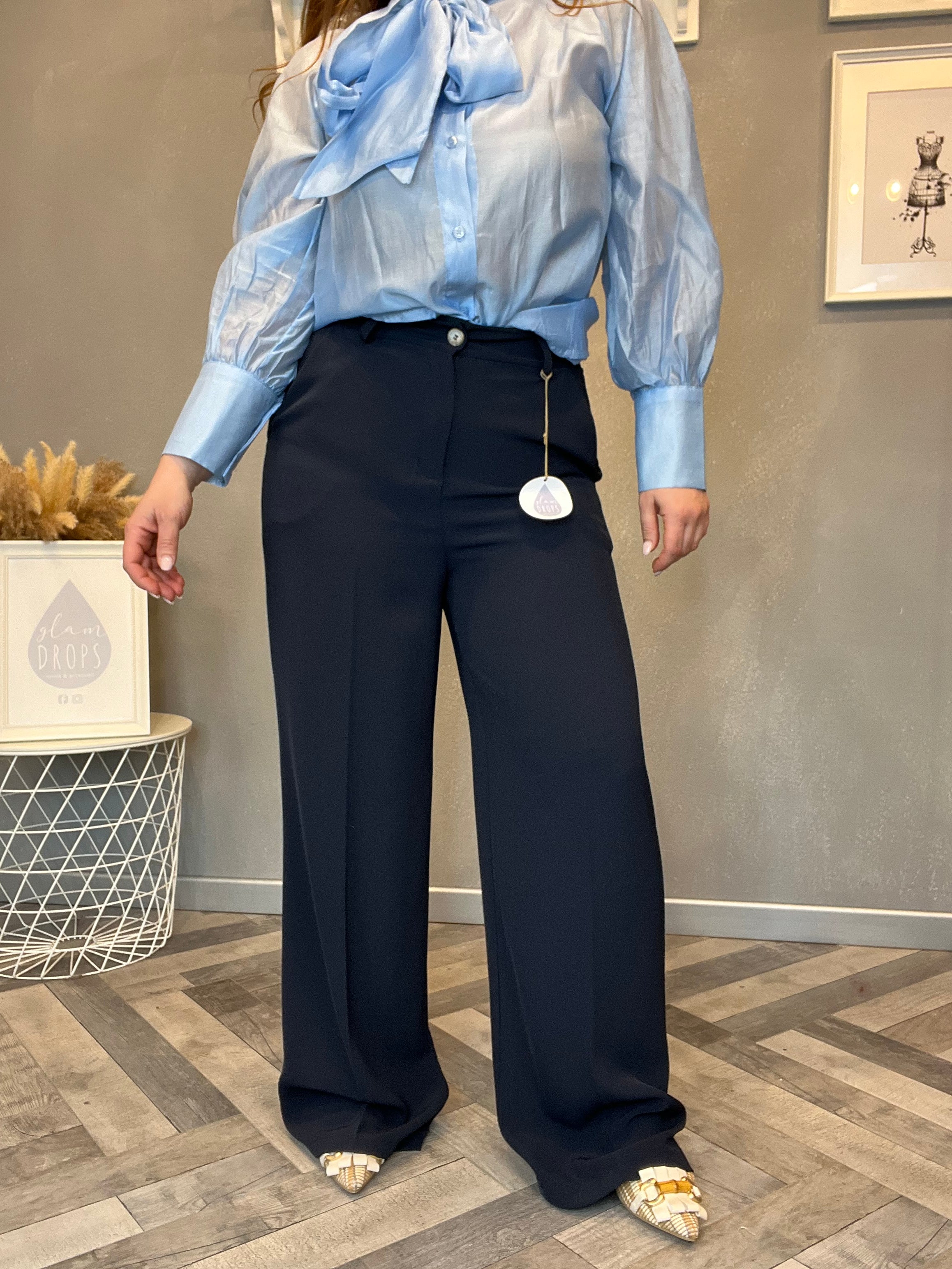 Pantalone a gamba larga a vita alta blu