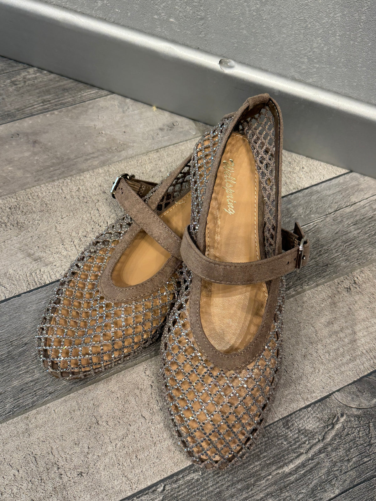 Ballerine a rete con strass tortora