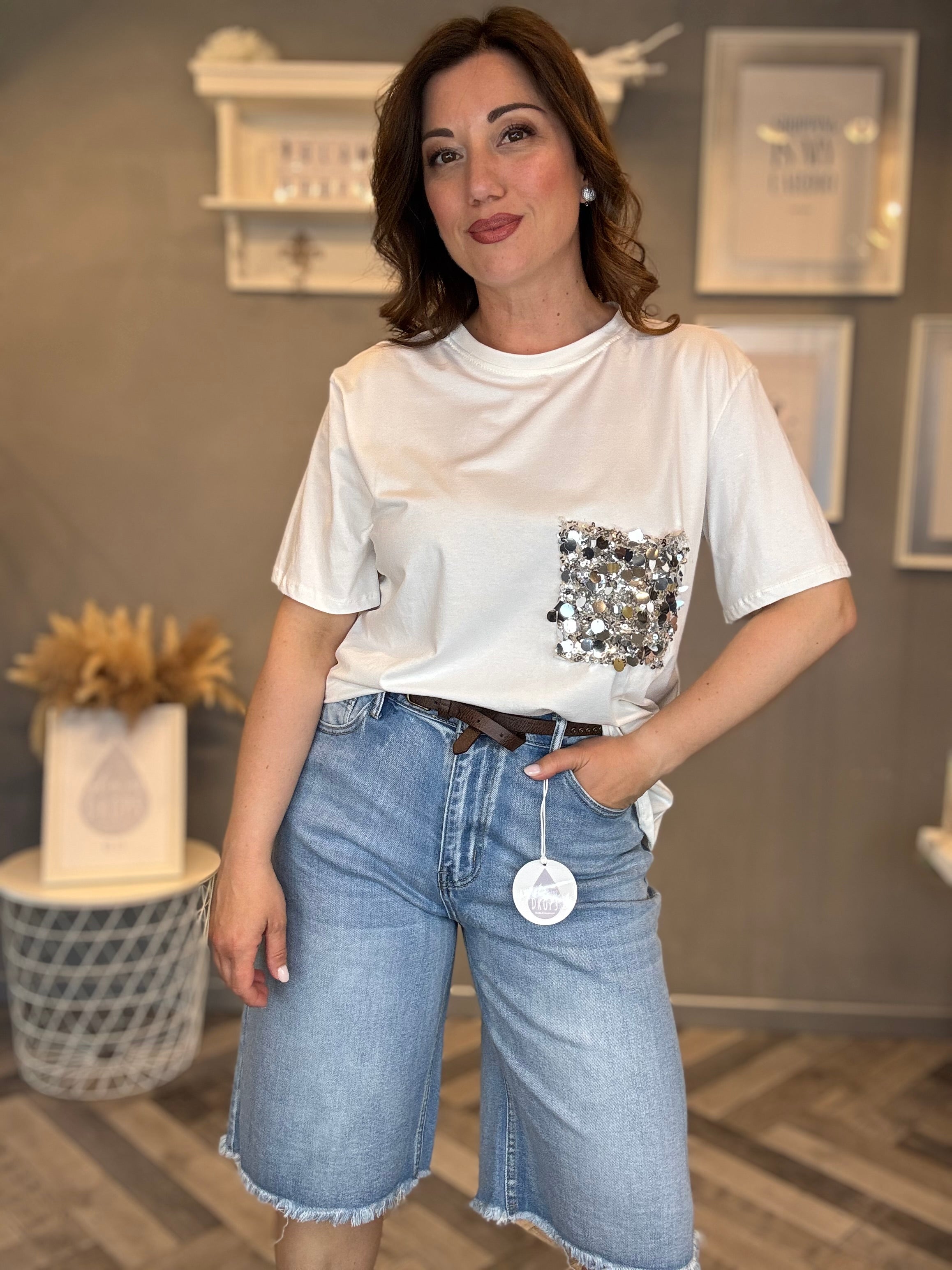 T-shirt tasca paillettes argento