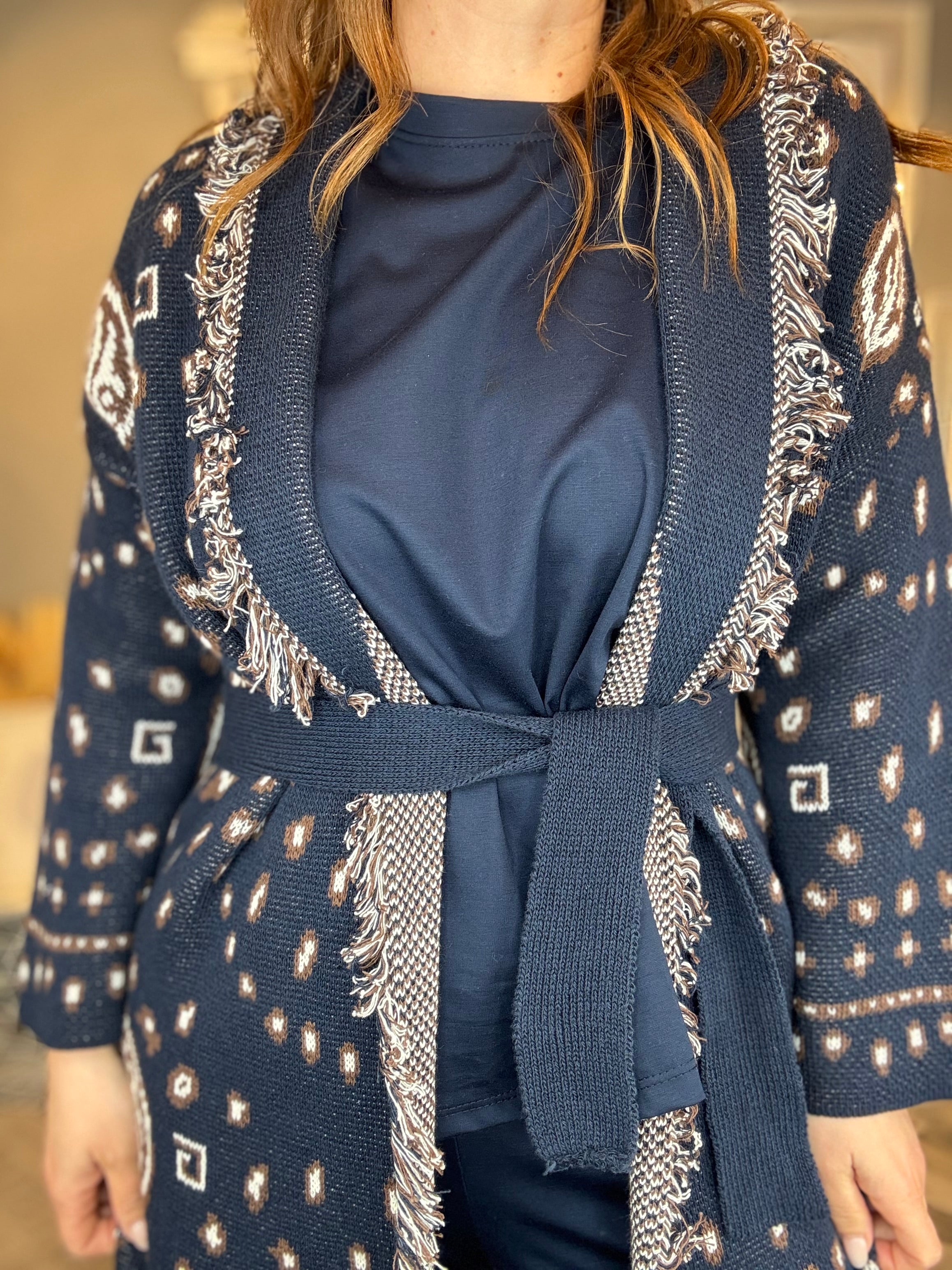 Cardigan jacquard blu con frange