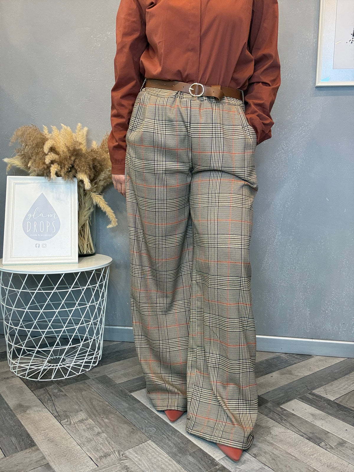 Pantalone palazzo check principe di Galles ruggine