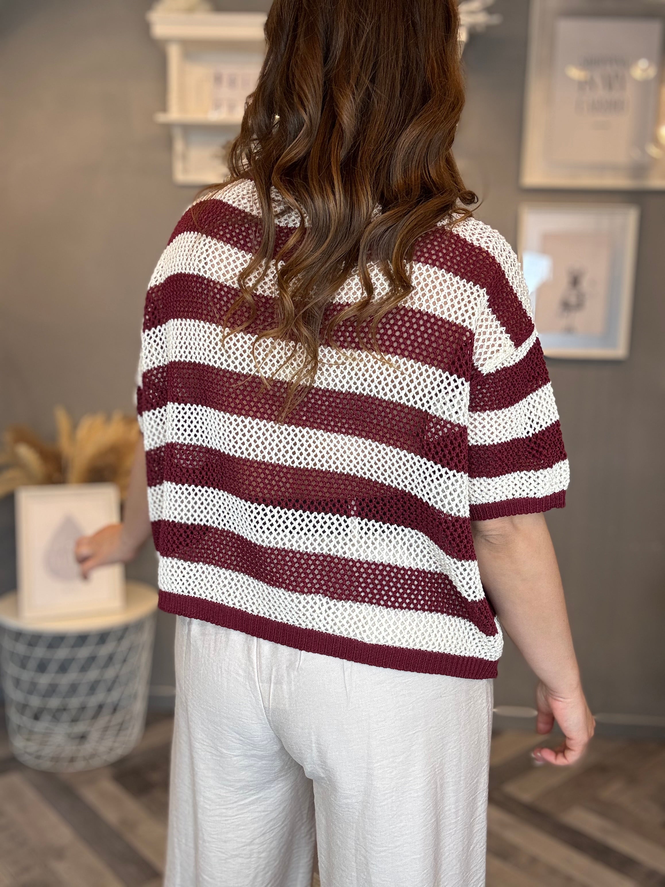 Polo traforata righe bordeaux