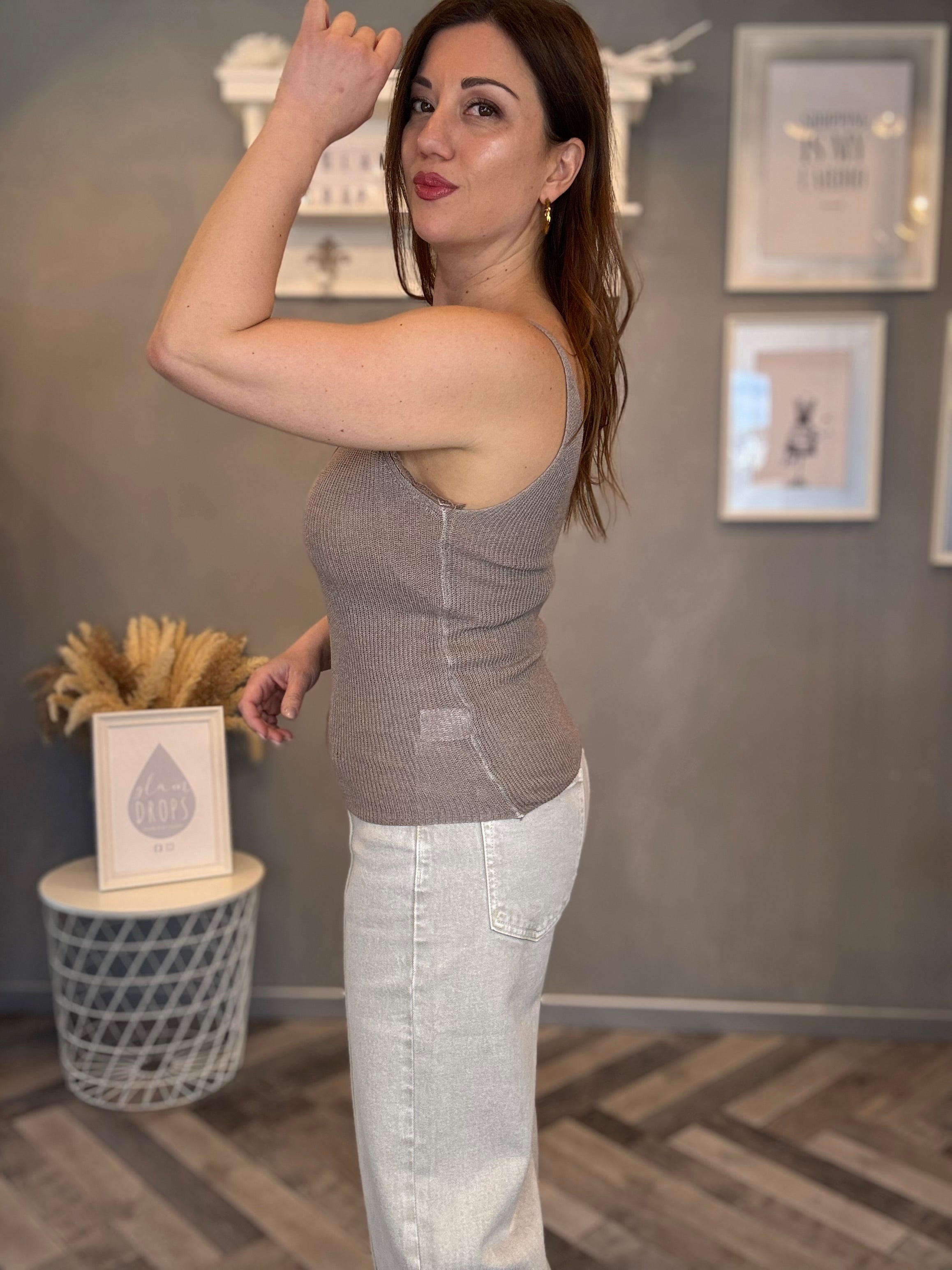 Top in Maglia con pizzo tortora