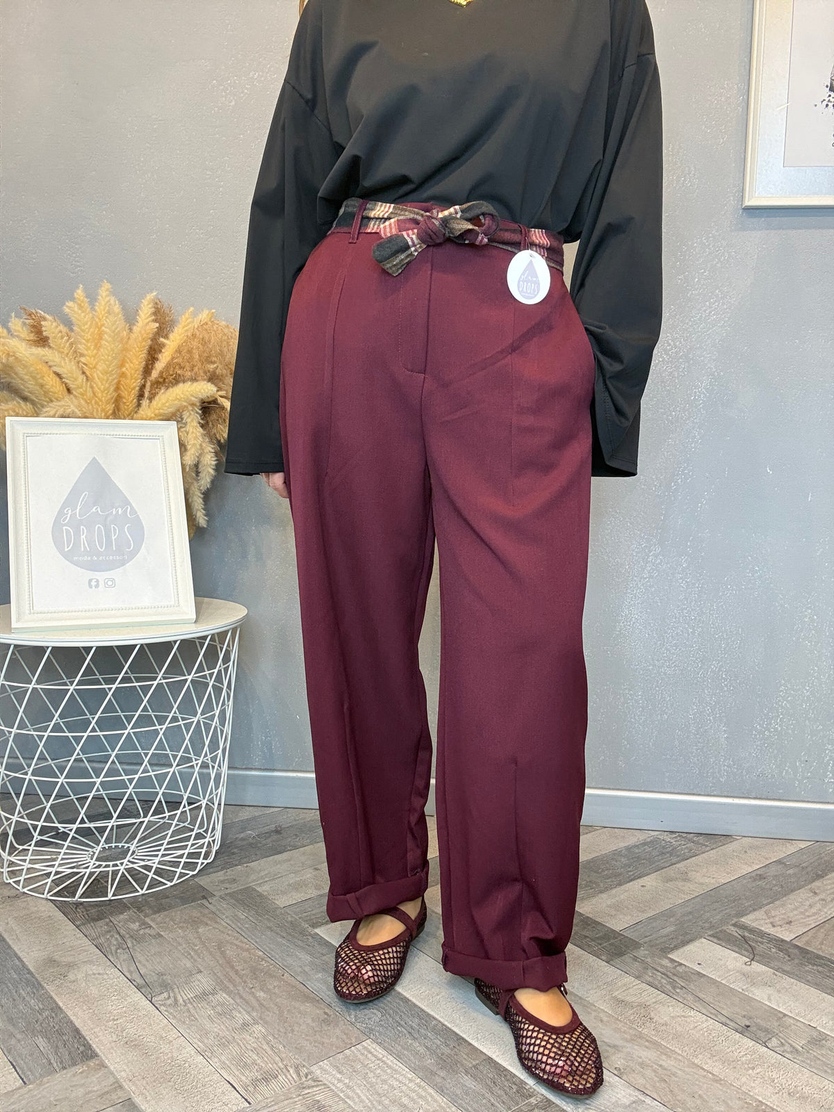 Pantalone check detail bordeaux
