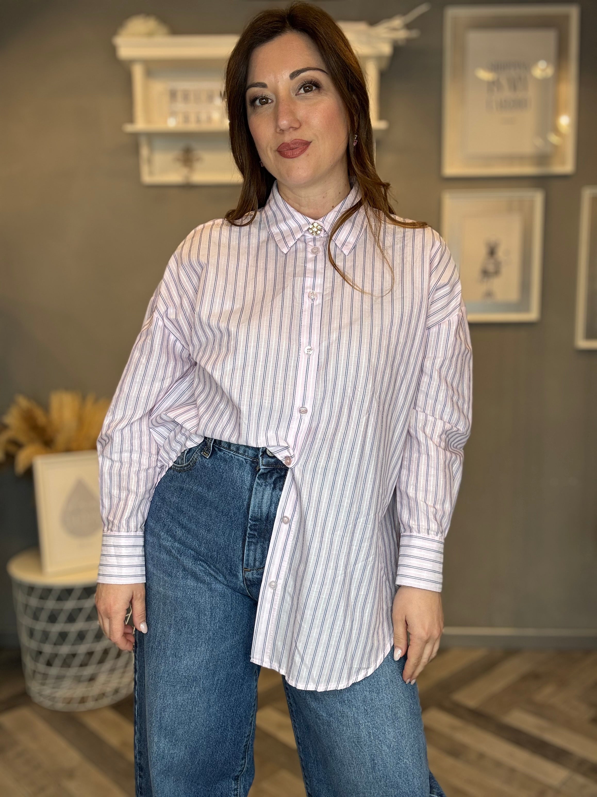 Camicia over rosa righe blu