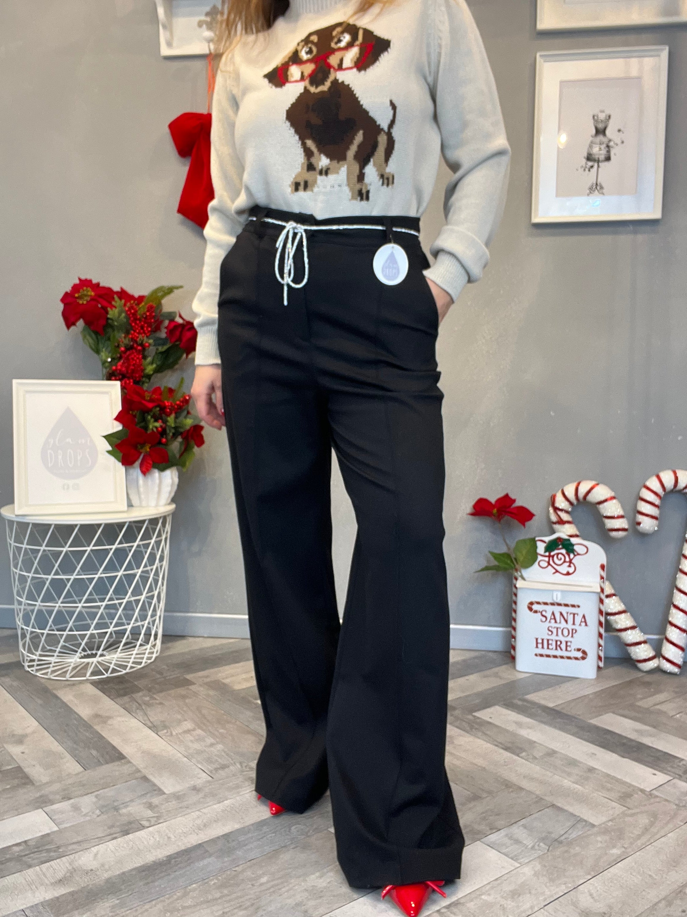 Pantalone palazzo punto Milano nero con cintina di strass