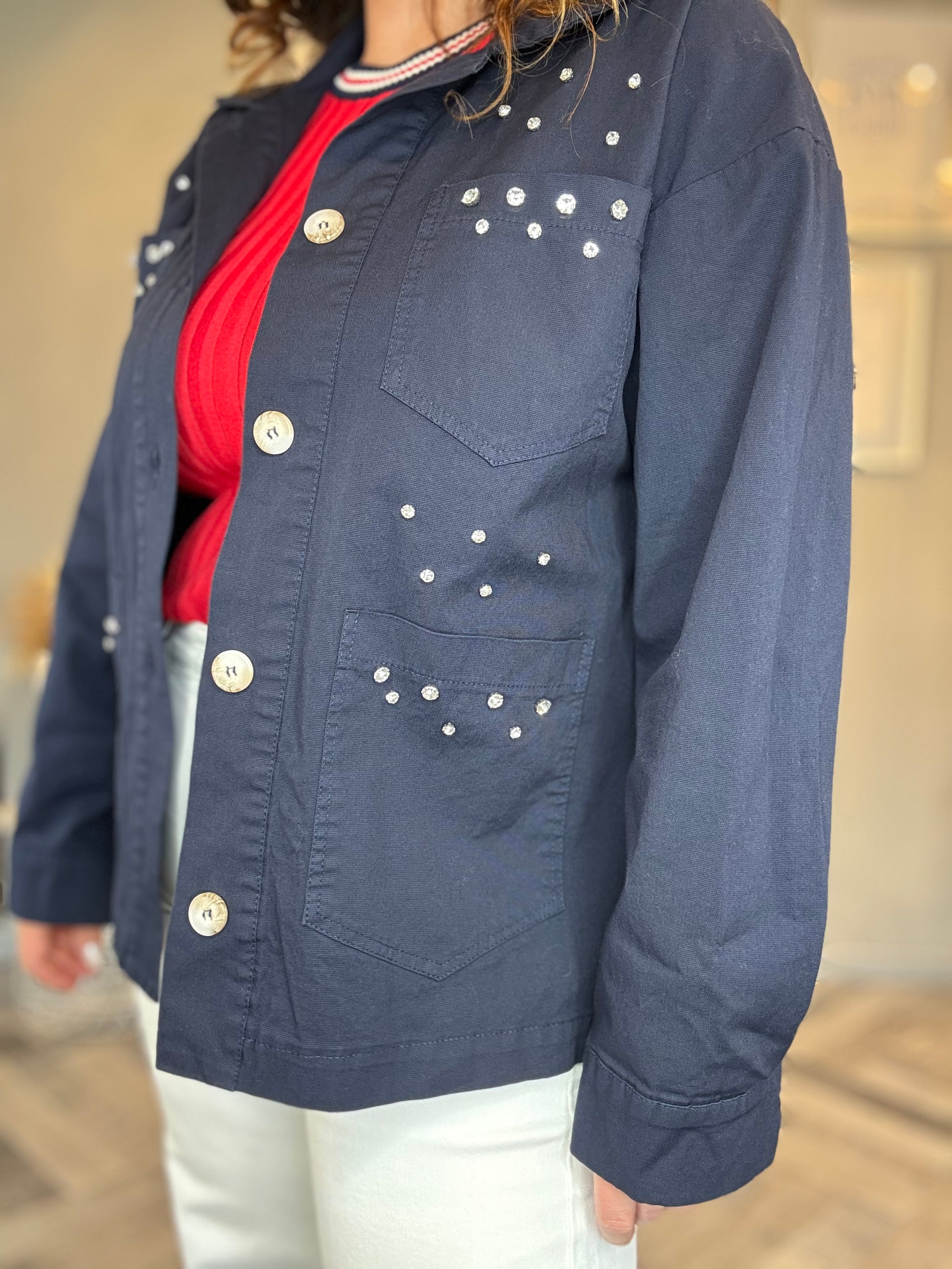 Giacca utility blu con dettagli gioiello