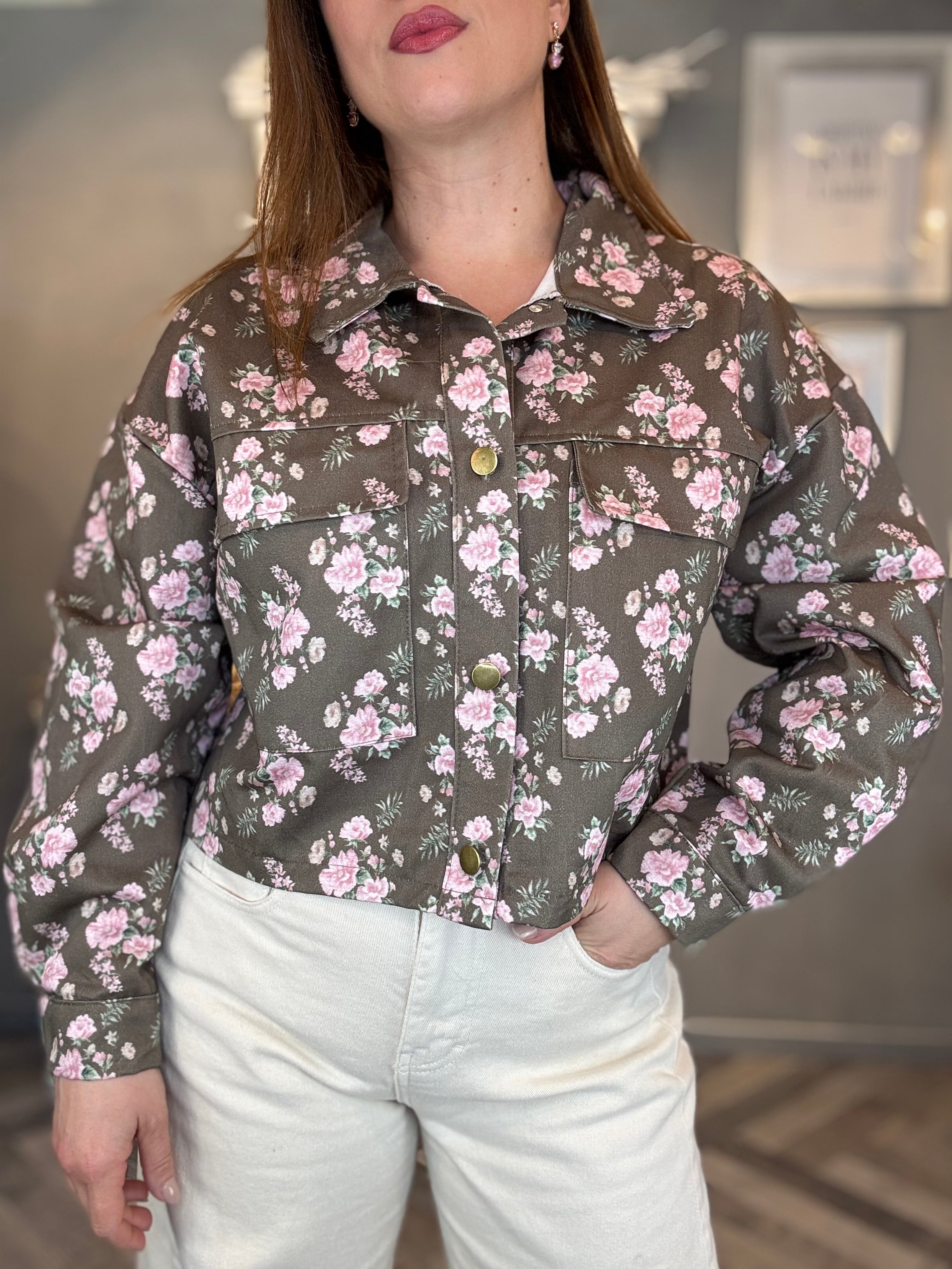 Giubbino pink flower tortora