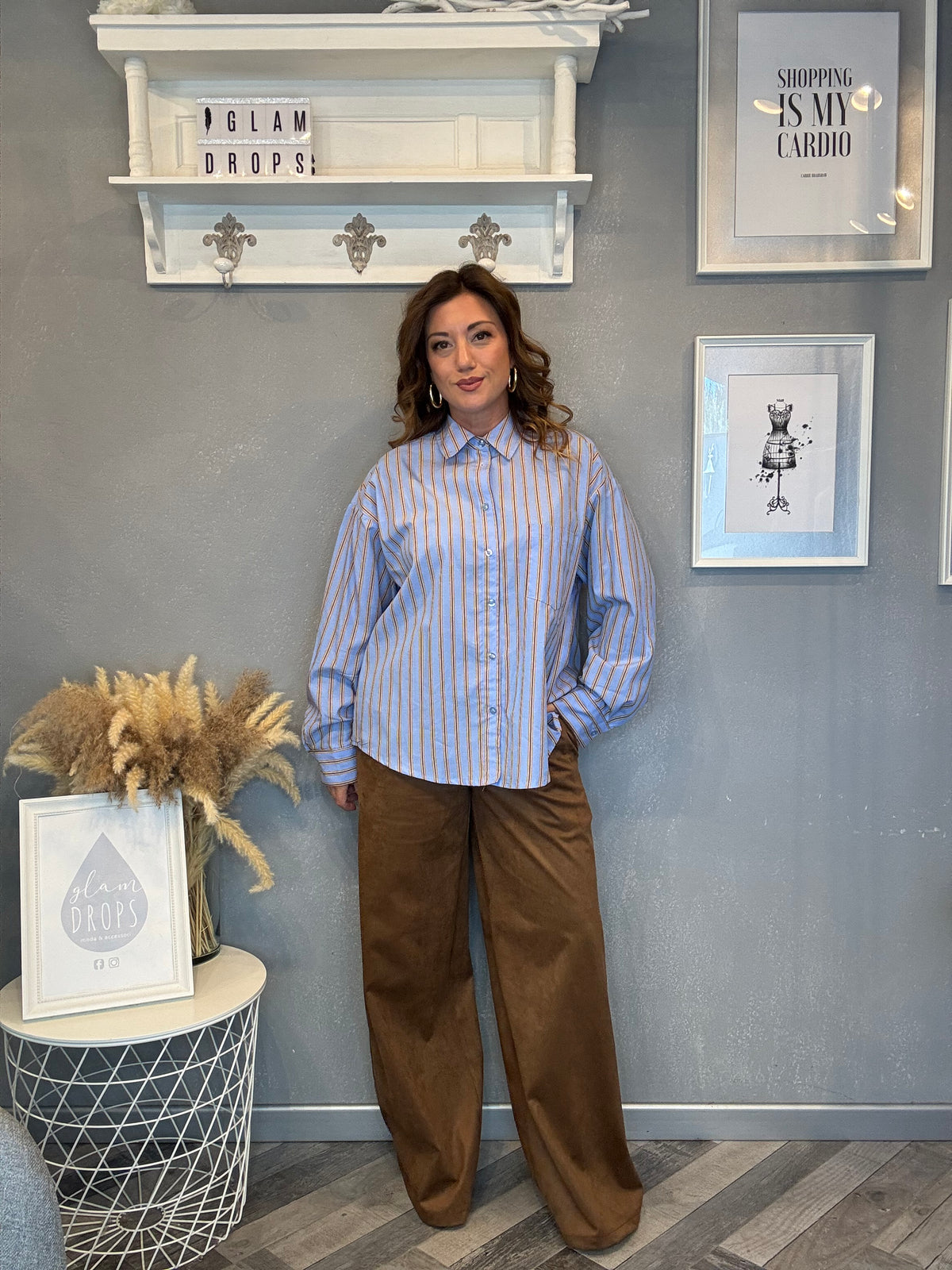 Camicia over celeste righe senape e bordeaux