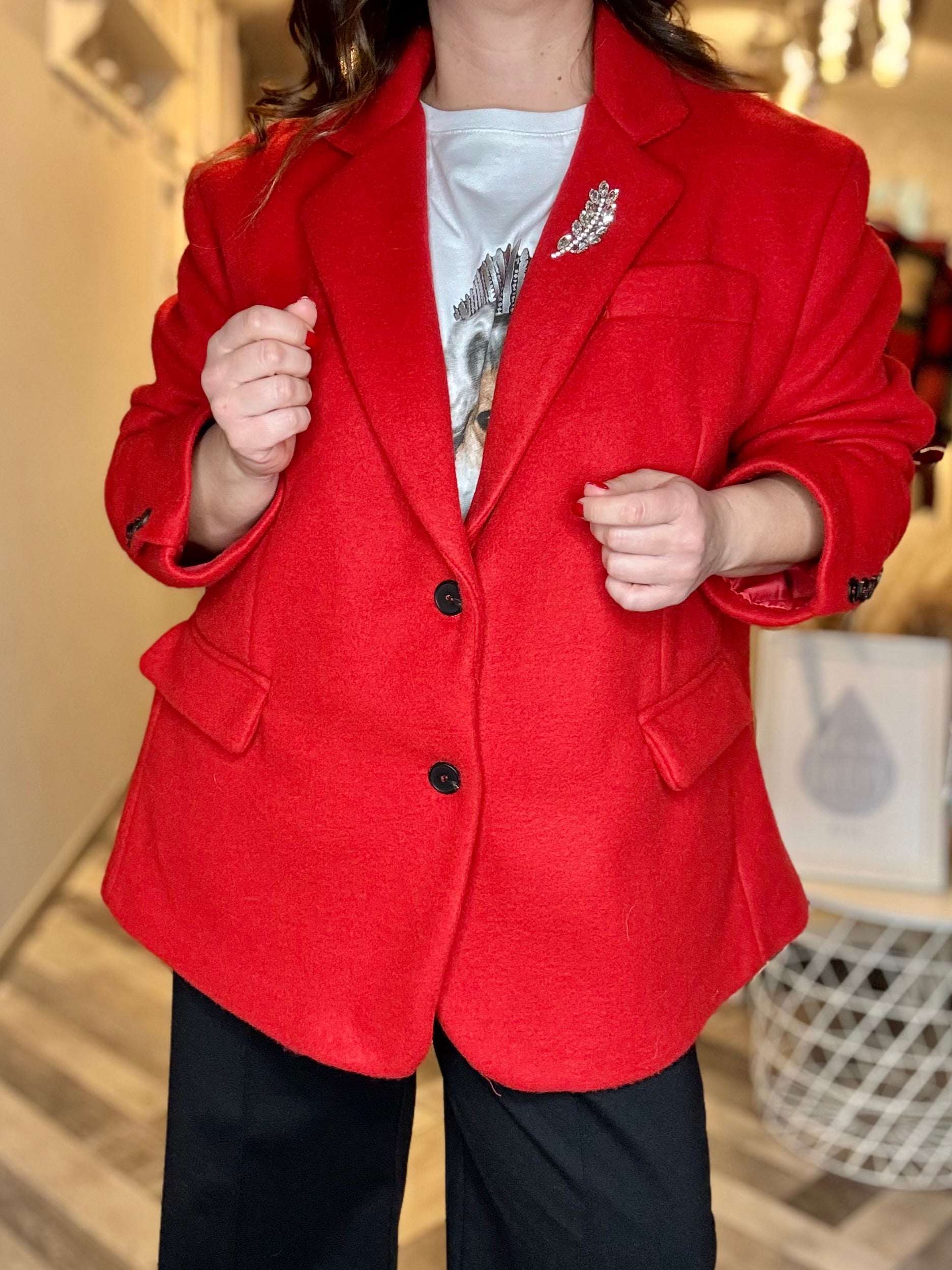 Blazer giacca cappotto over in panno con cabochon