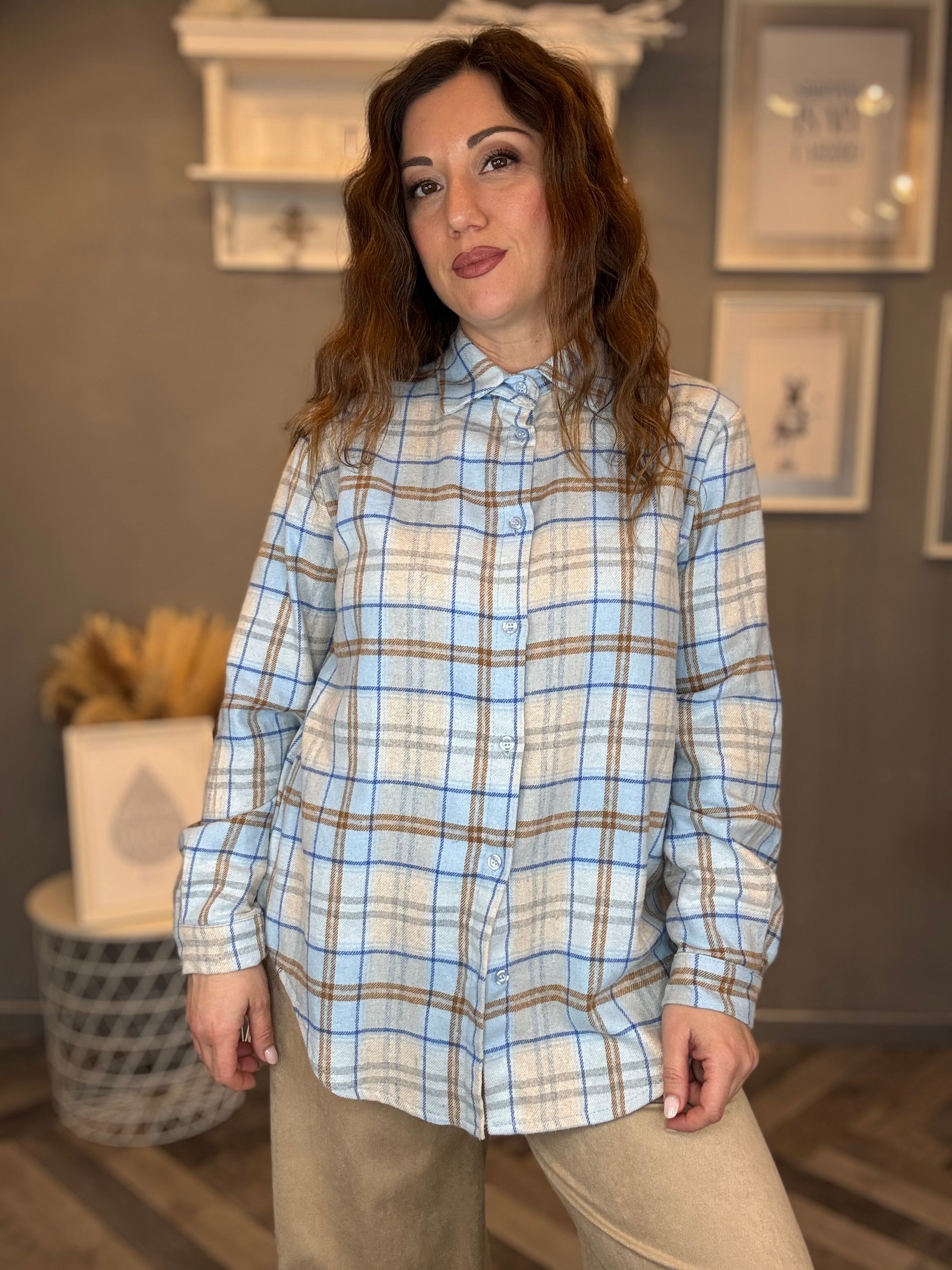 Camicia flanella check celeste