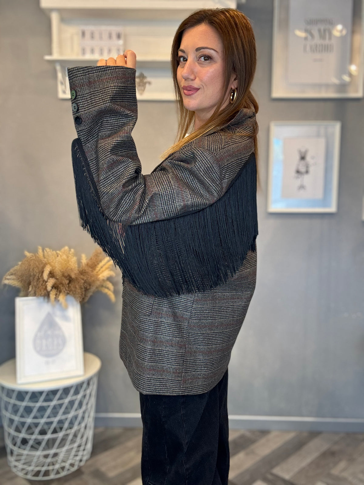 Lumina blazer check Dakota frange nere
