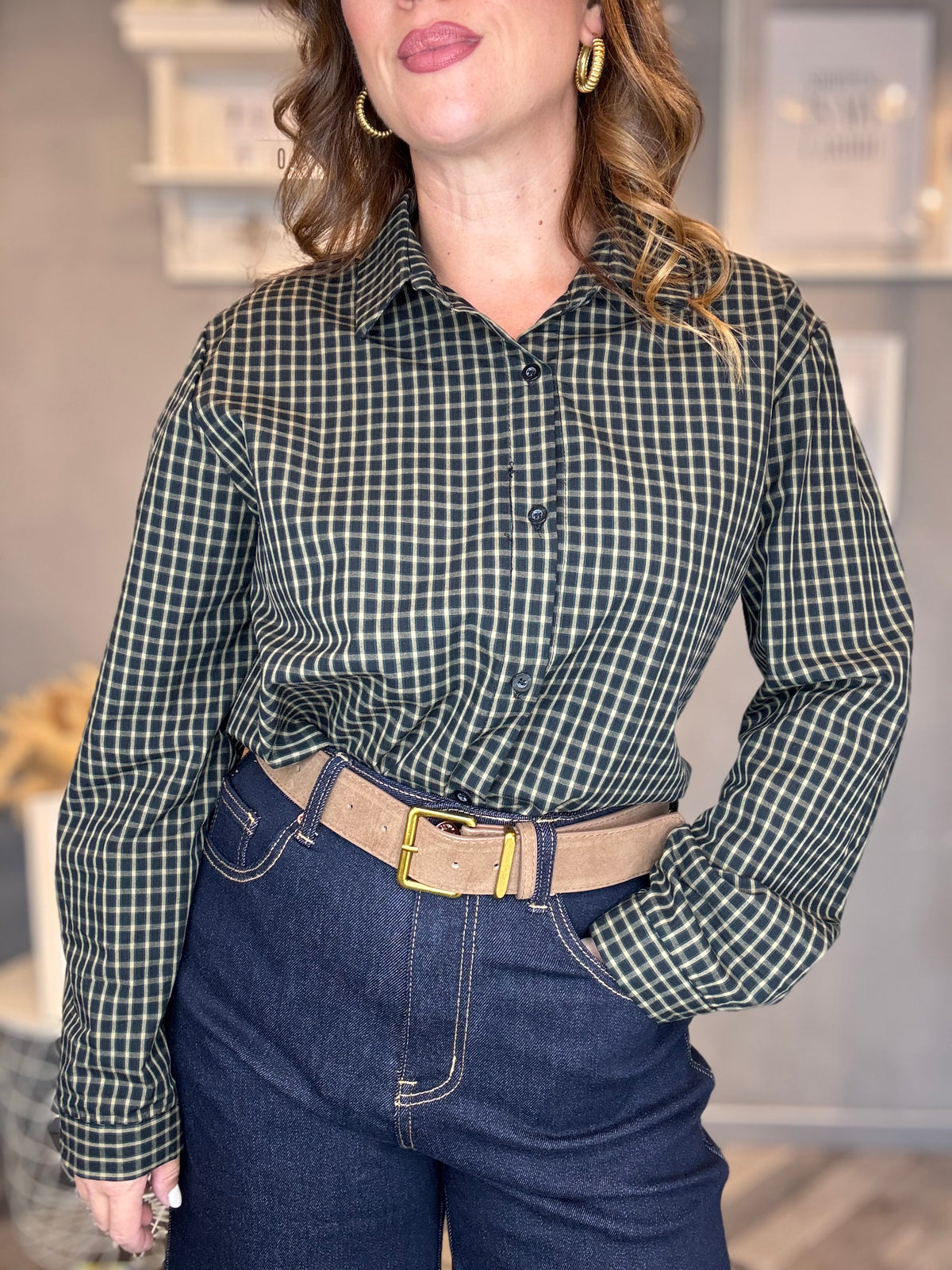 Camicia micro check blu e camel
