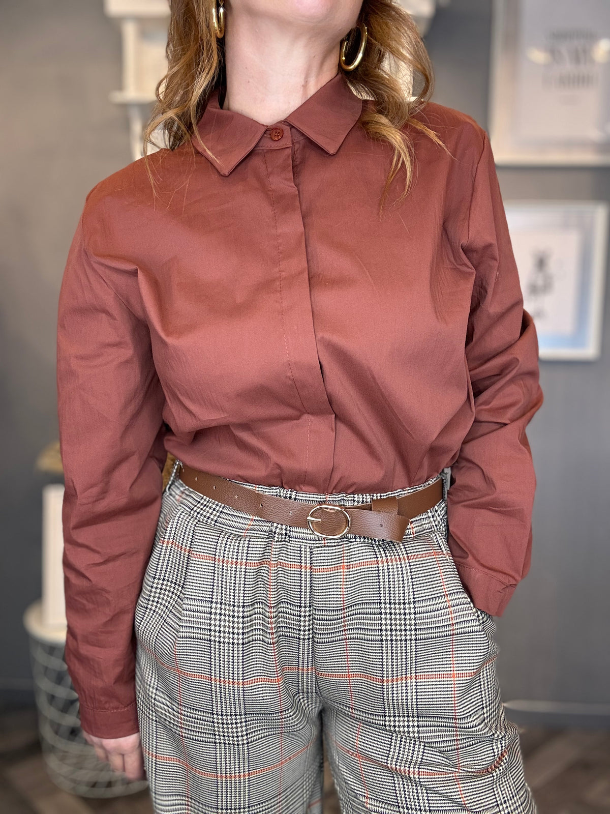Pantalone palazzo check principe di Galles ruggine