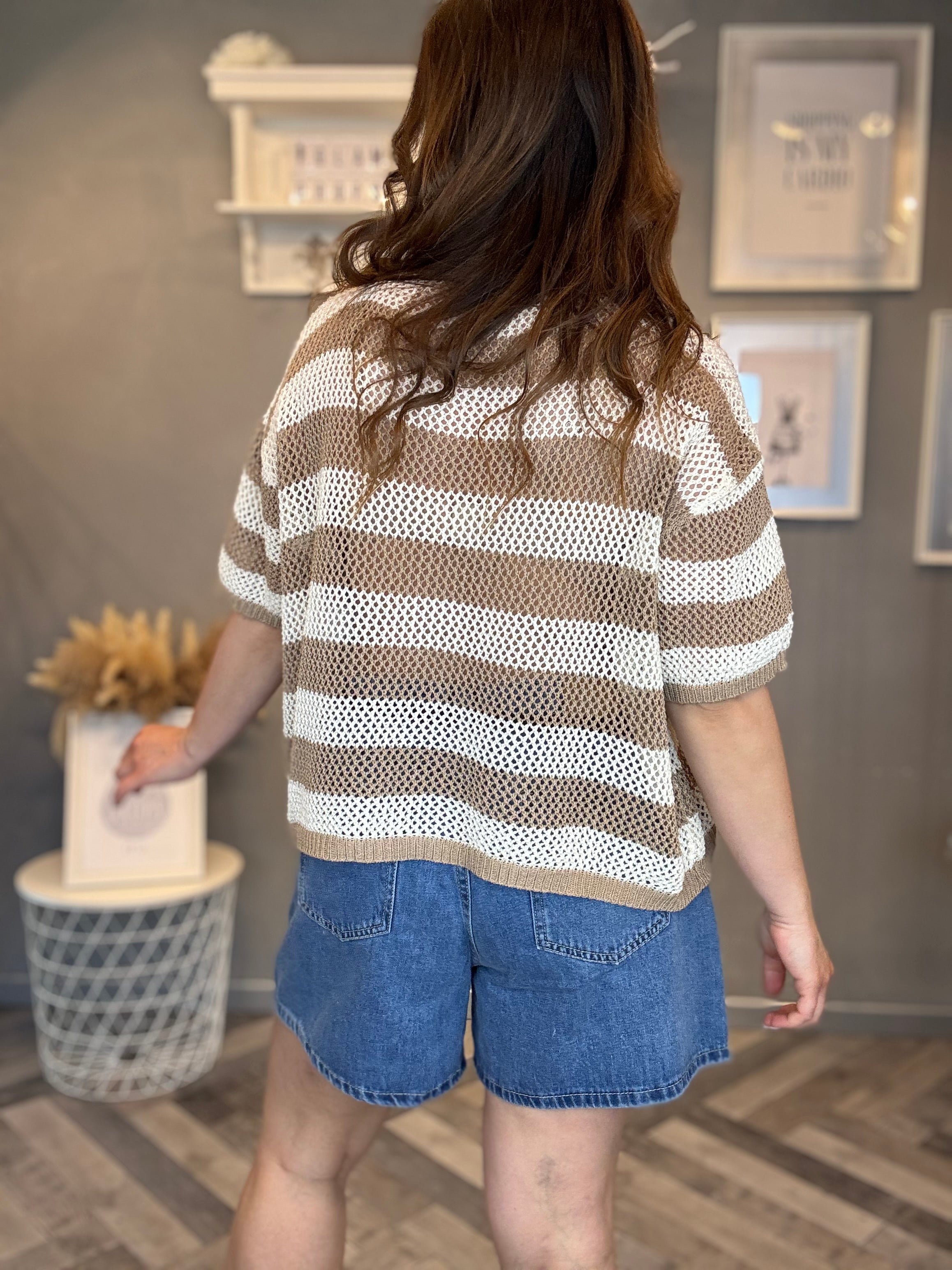 Polo traforata righe beige