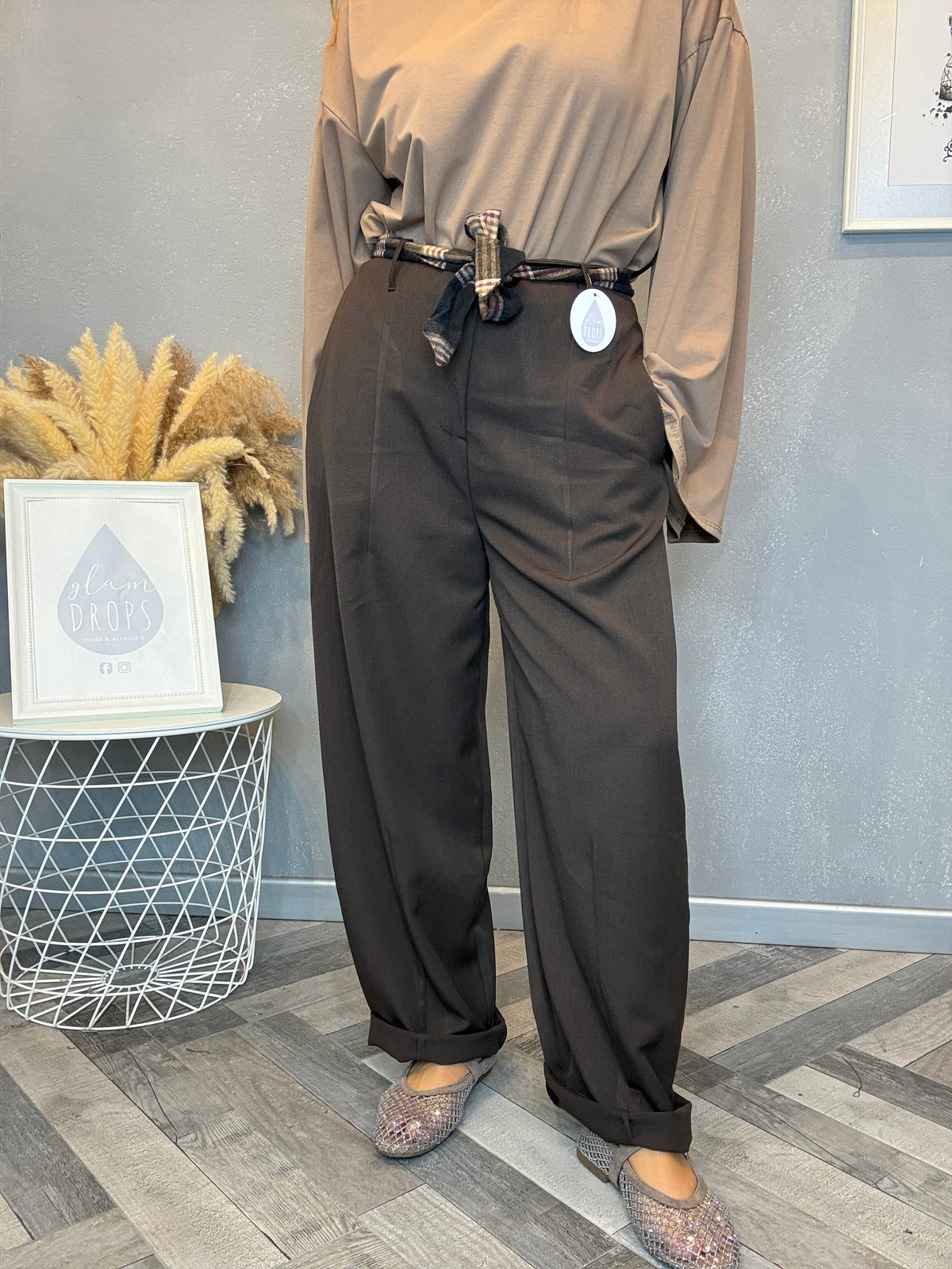 Pantalone check detail cioccolato