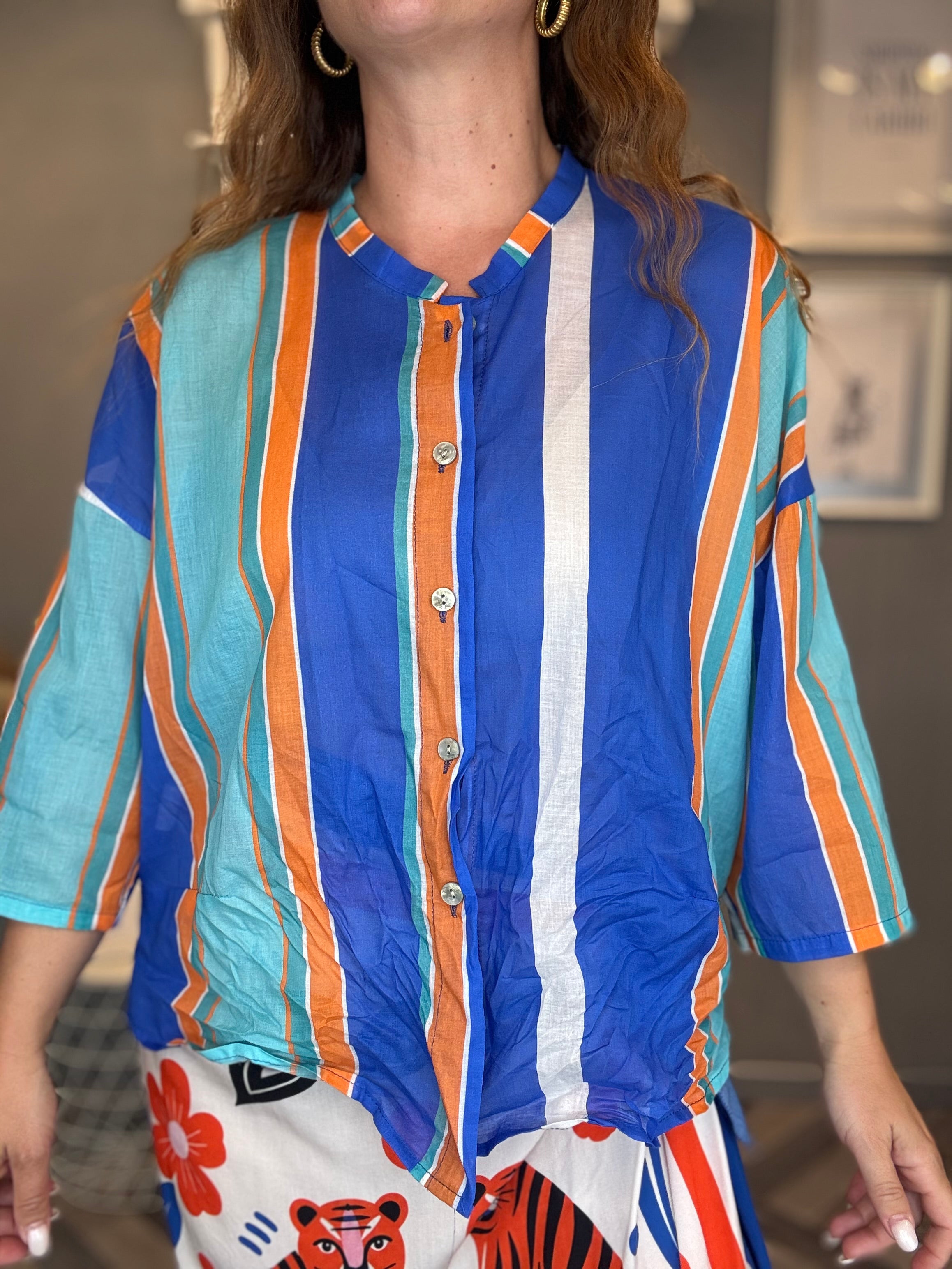Camicia Isla Bonita coreana multiriga blu, turchese e arancio