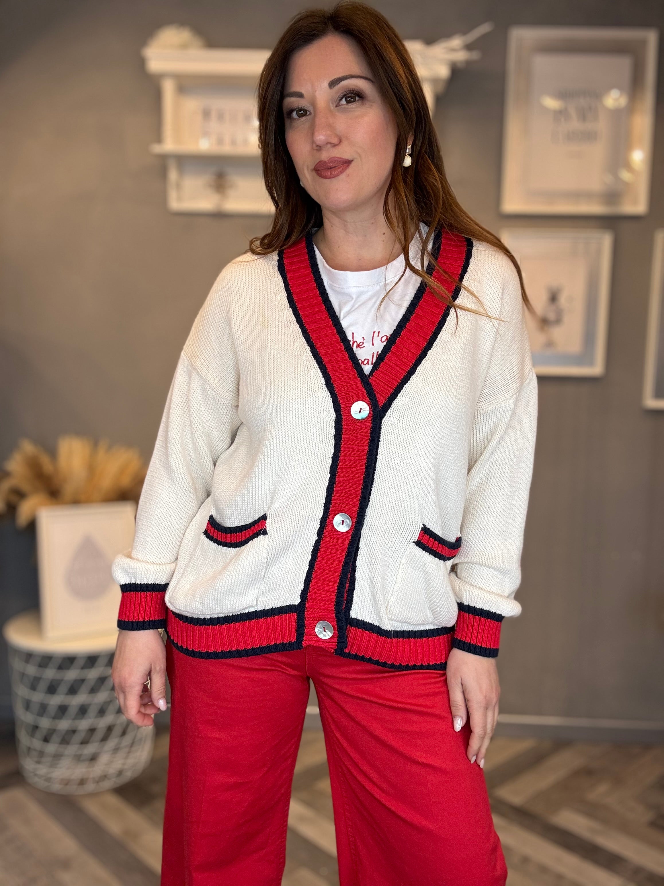 Cardigan panna profili rossi