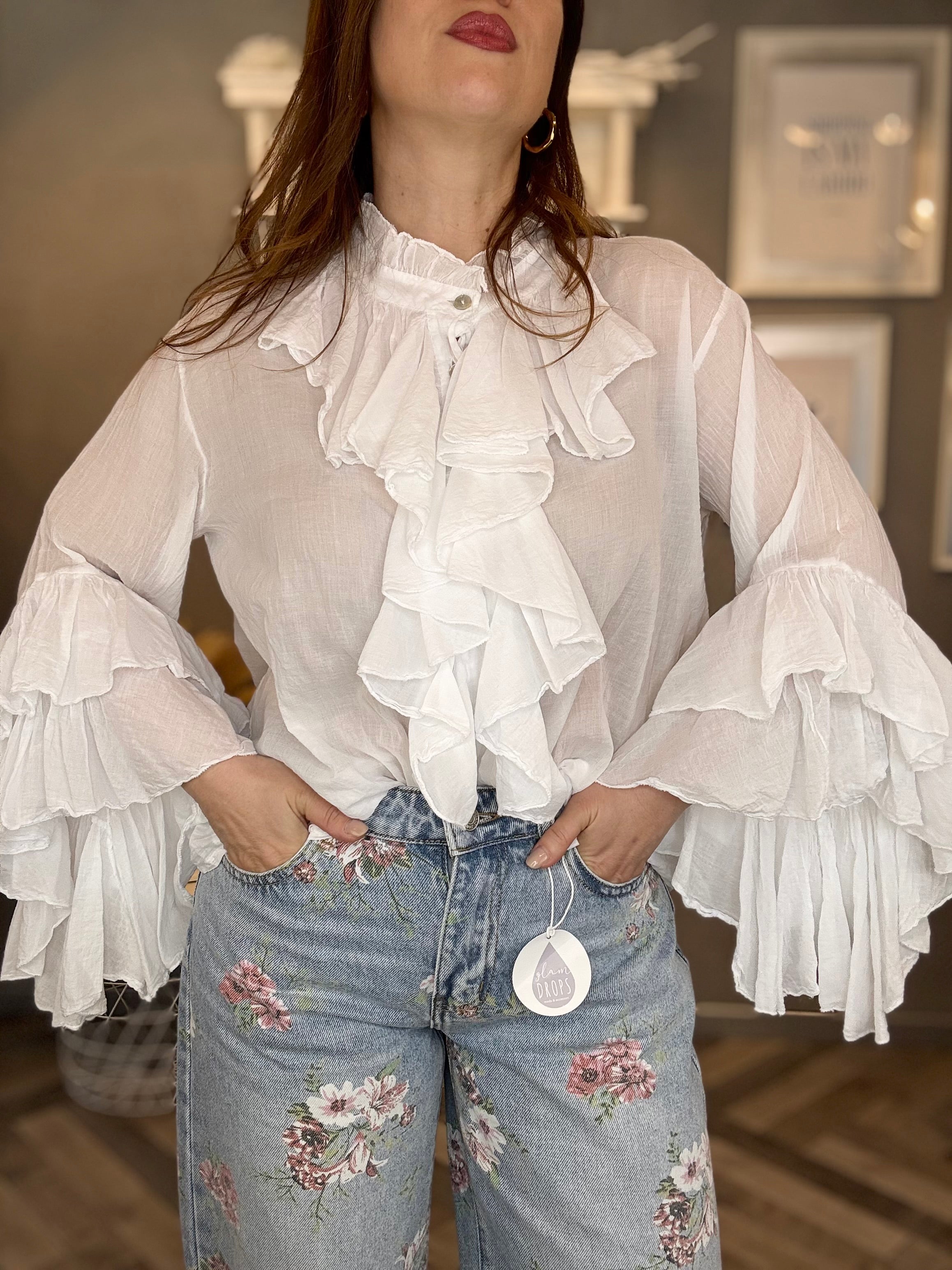 Blusa camicia volant bianca