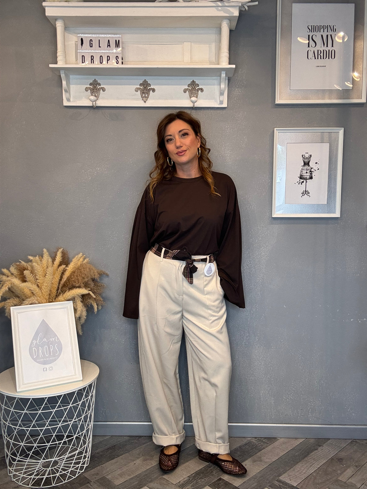 Pantalone check detail burro