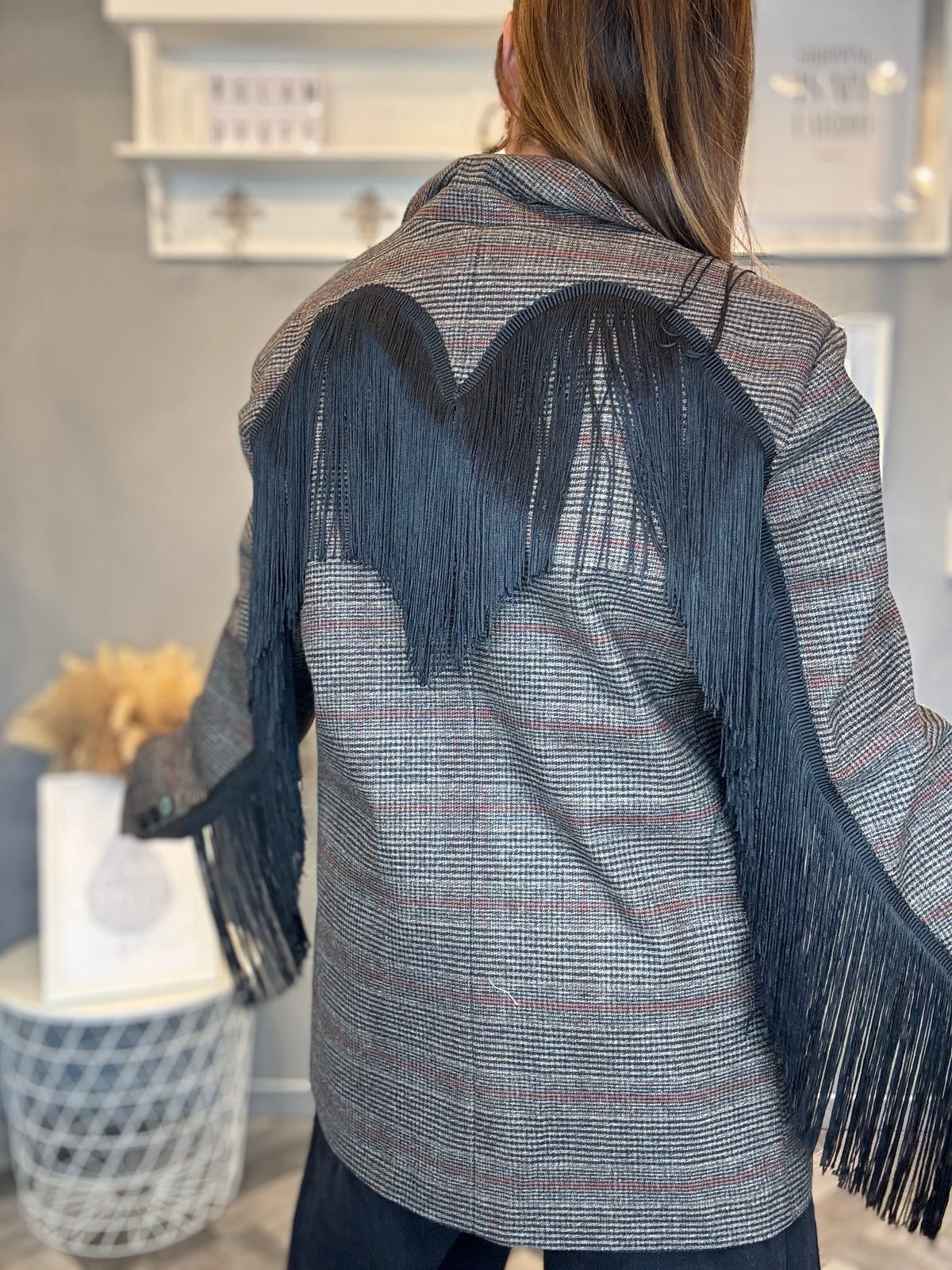 Lumina blazer check Dakota frange nere