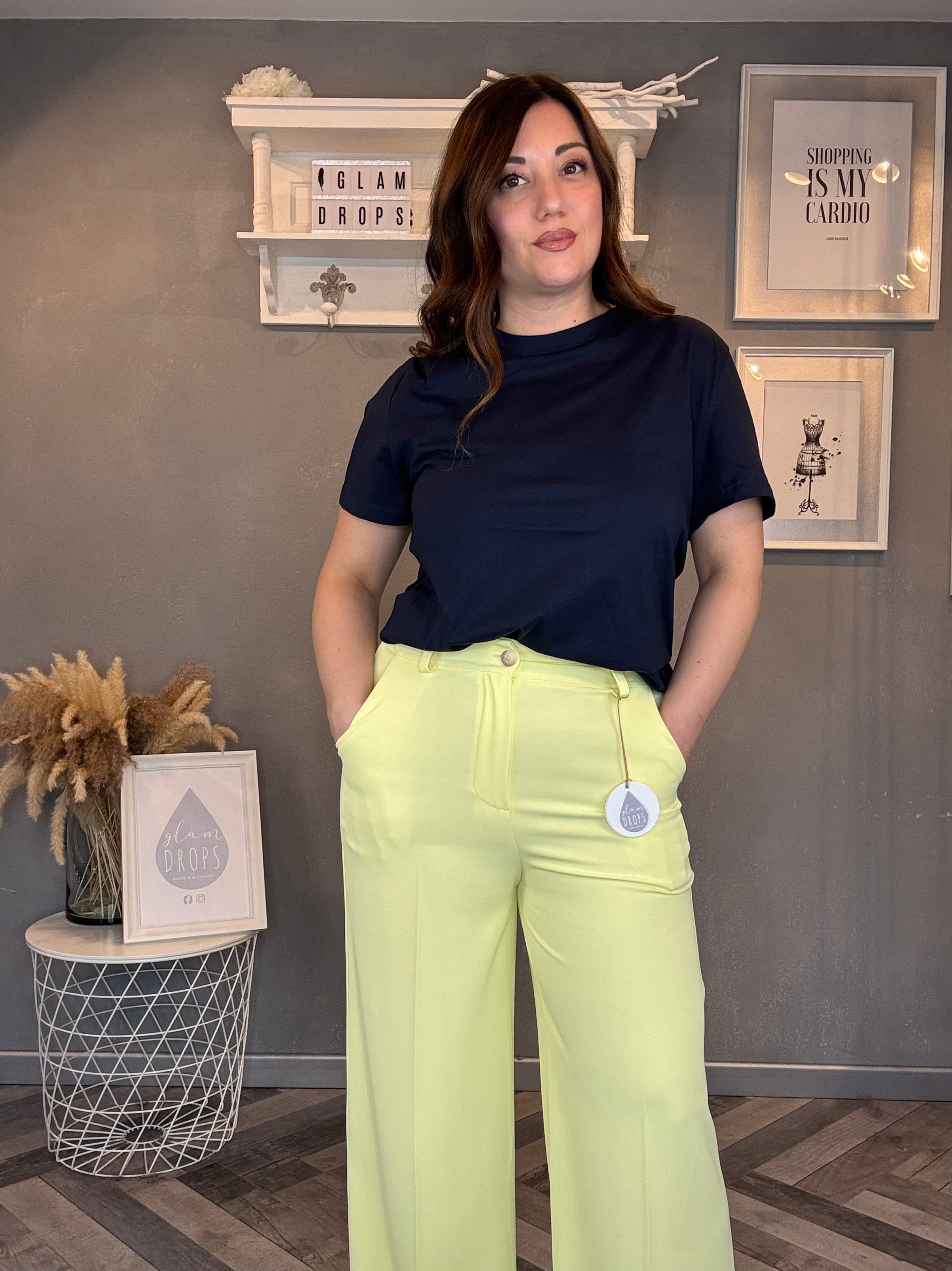 Pantalone a gamba larga a vita alta giallo pastello