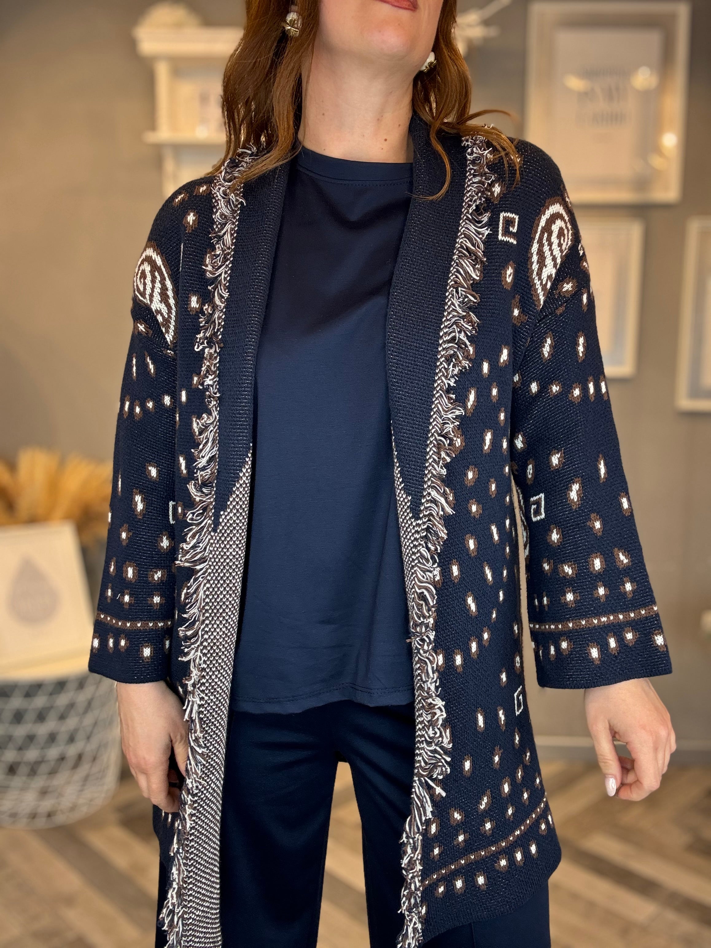 Cardigan jacquard blu con frange
