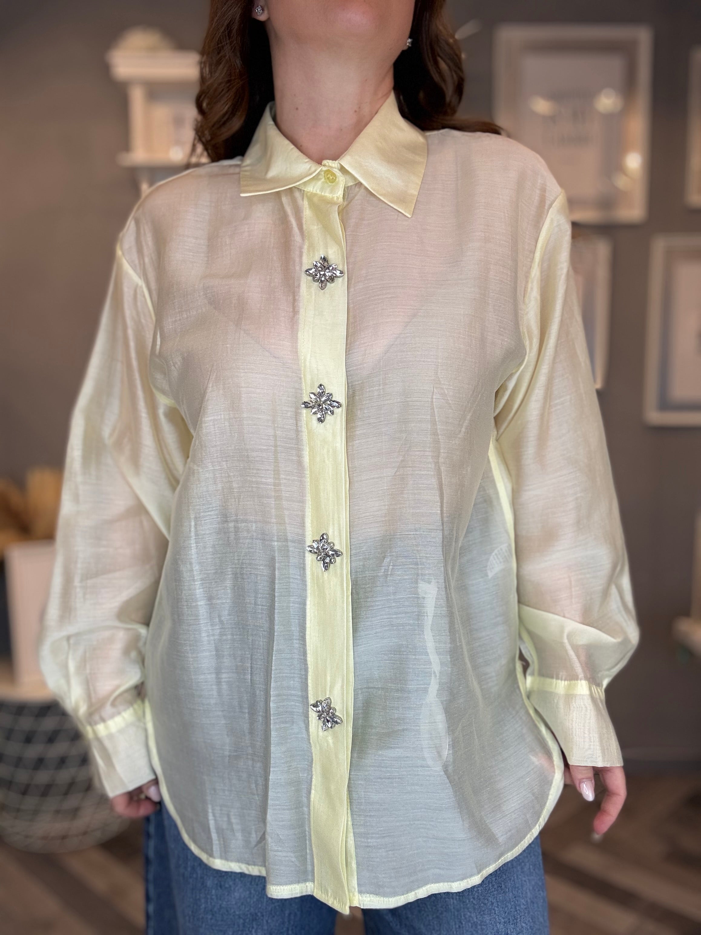 Camicia gioiello in tencel giallo pastello
